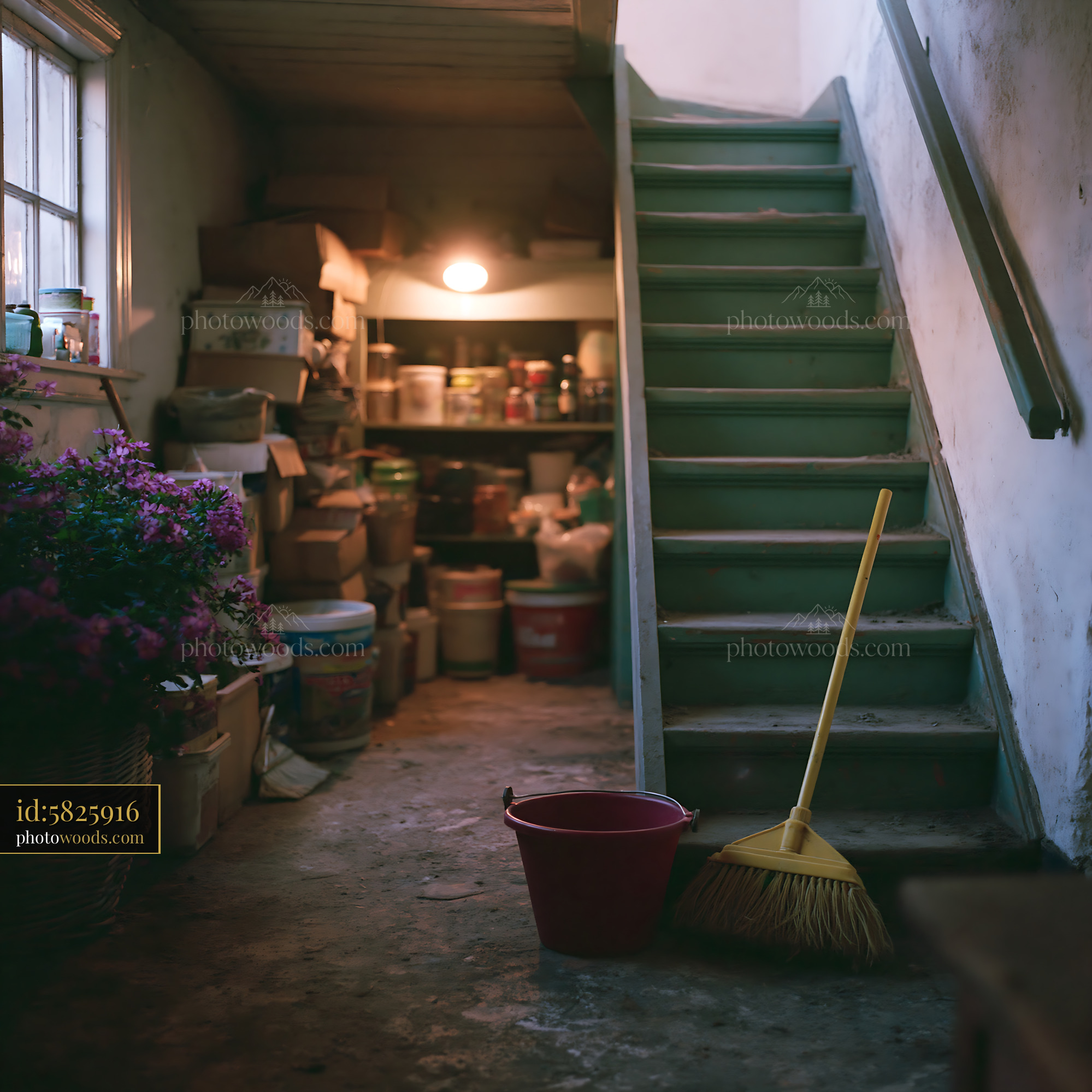Cluttered Storage Room Under the Stairs With Broom and Bucket