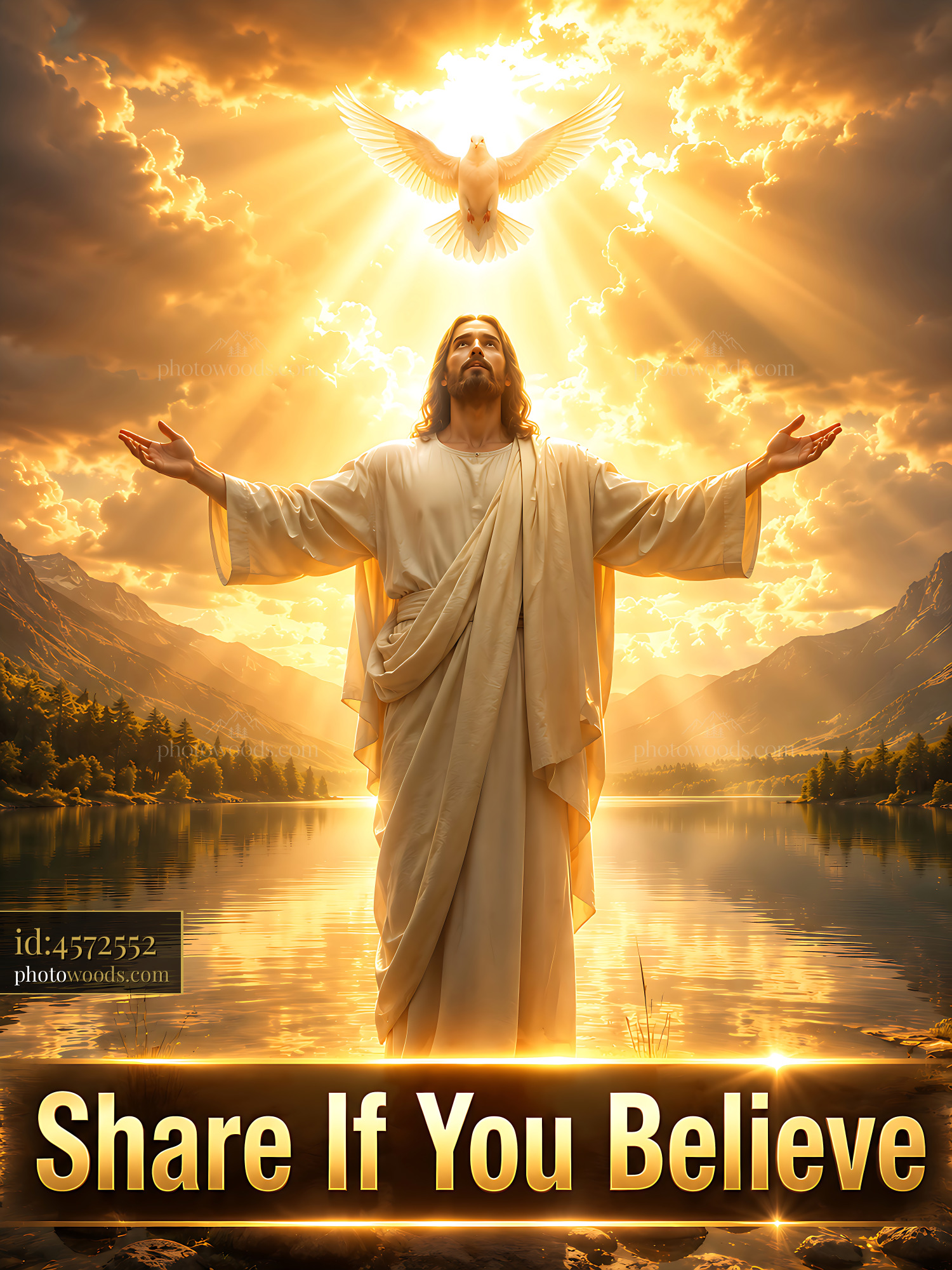 Jesus With Arms Raised and Dove Above in a Bright Sky