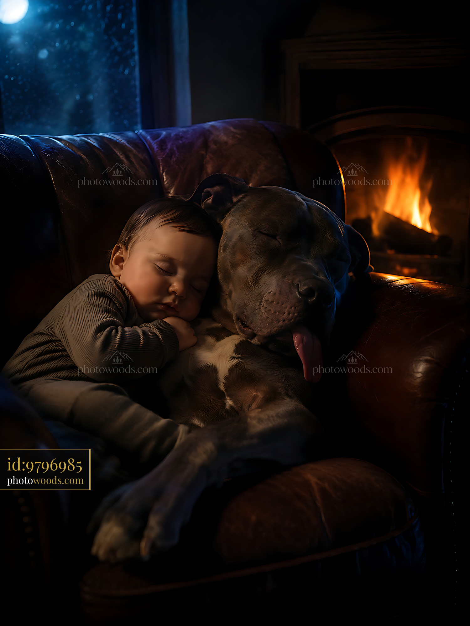 Baby and Dog Relax Together on a Sofa by the Fire