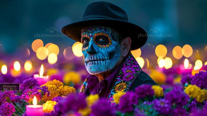 Portrait of a person with colorful skull face paint among flowers