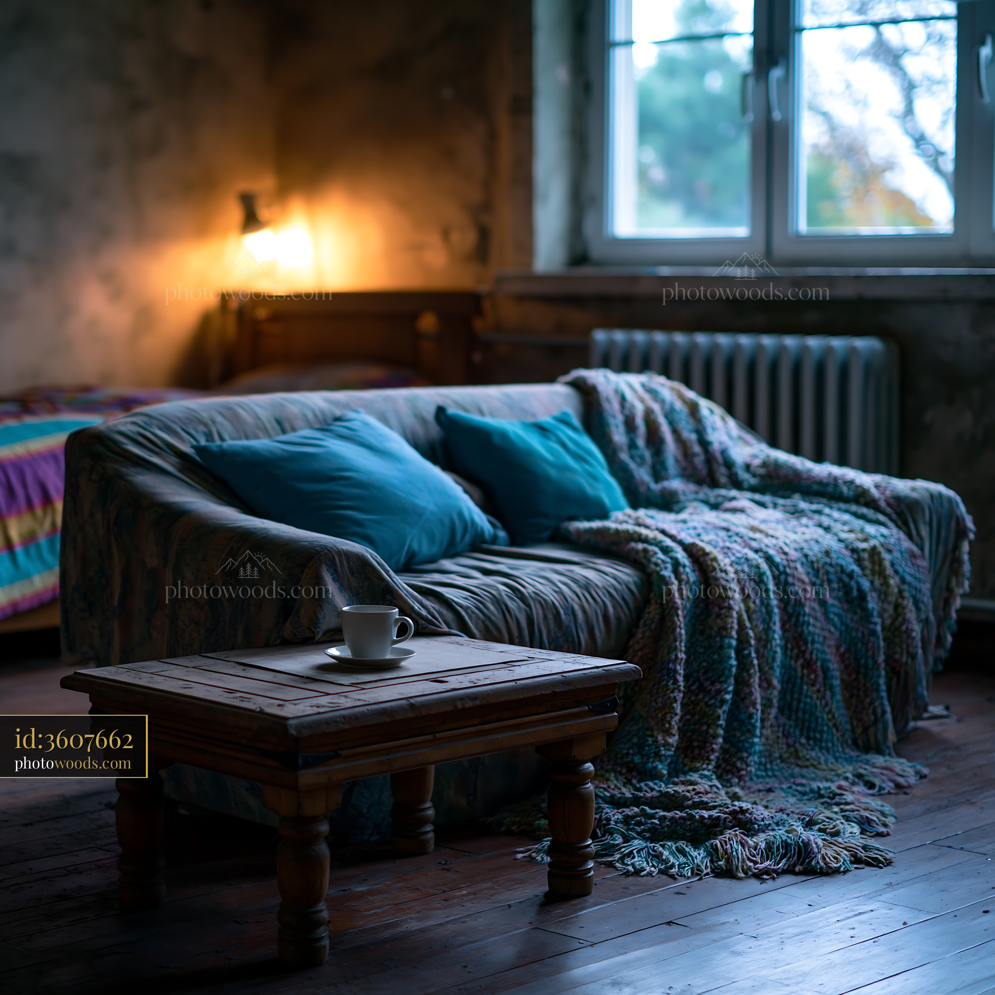 Cozy Living Room With a Couch, Table, and Warm Lighting
