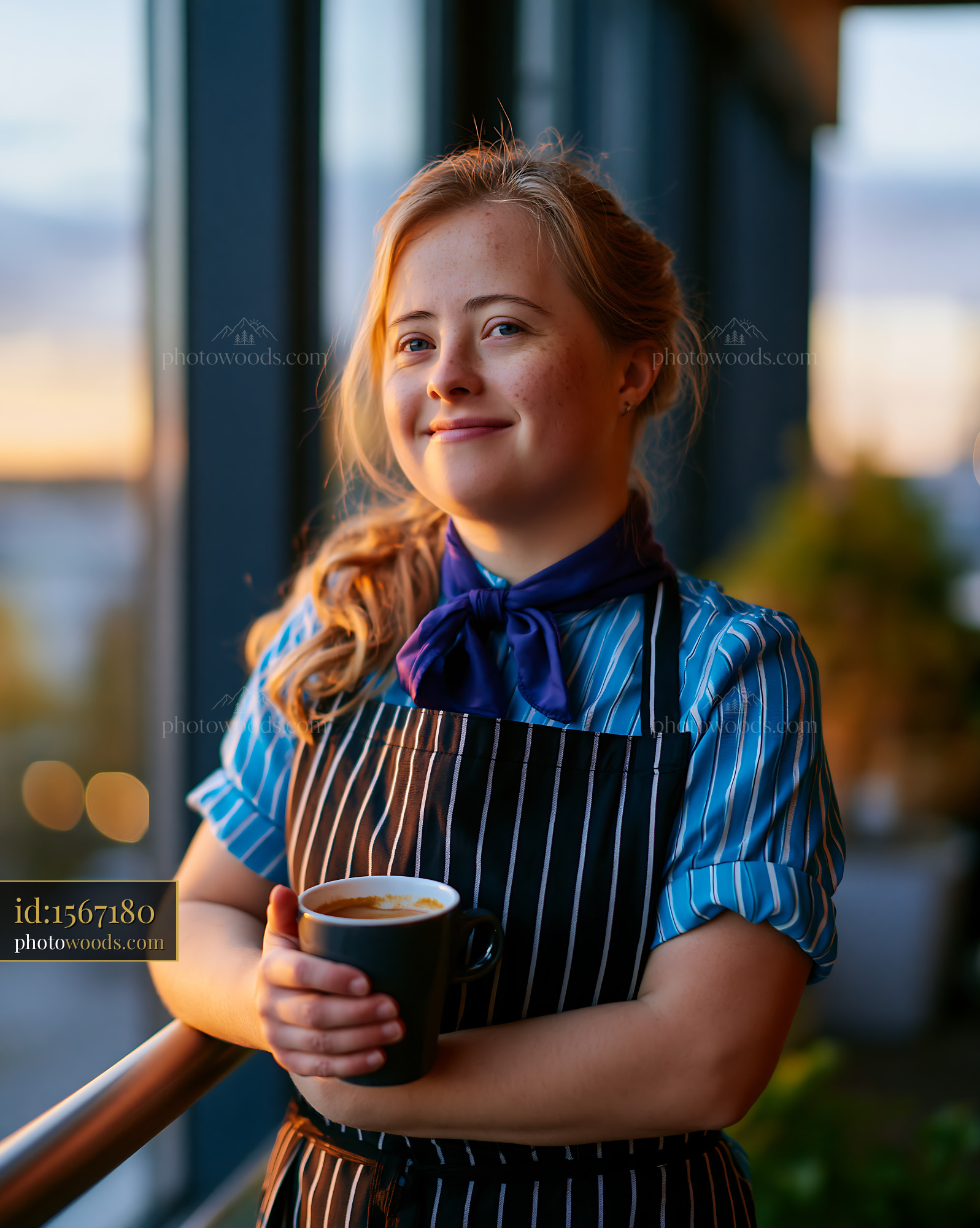 Young Woman With Down Syndrome Holding Coffee at Sunset