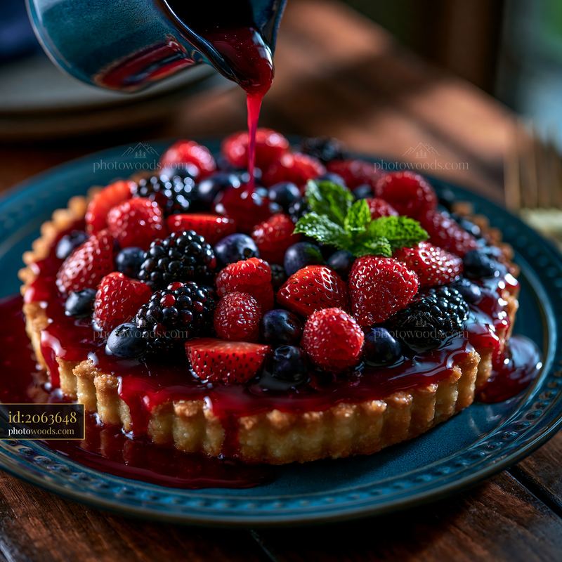 Berry Tart With Glossy Glaze and Mint on a Wooden Table