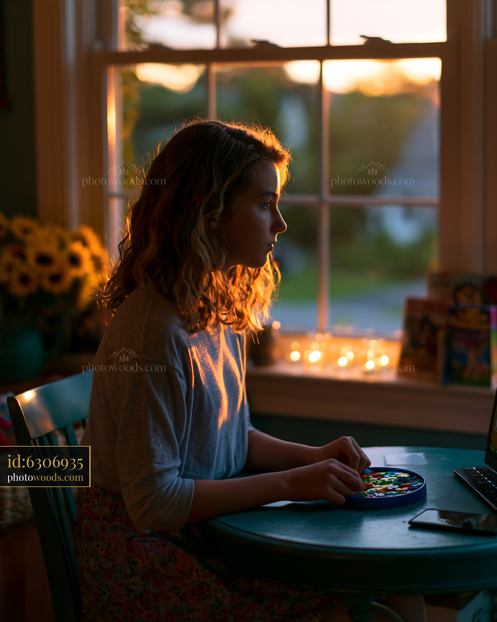 Girl Sitting at a Table During Online Therapy Session at Sunset