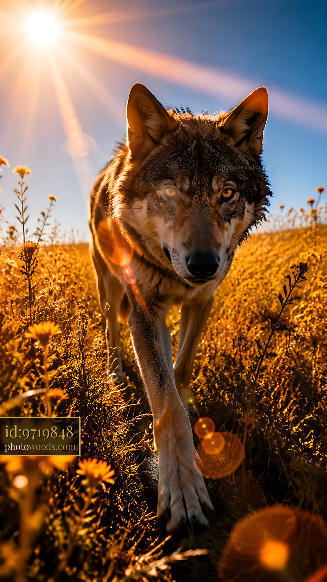Wolf Walks Through Golden Field Under Bright Sunlight