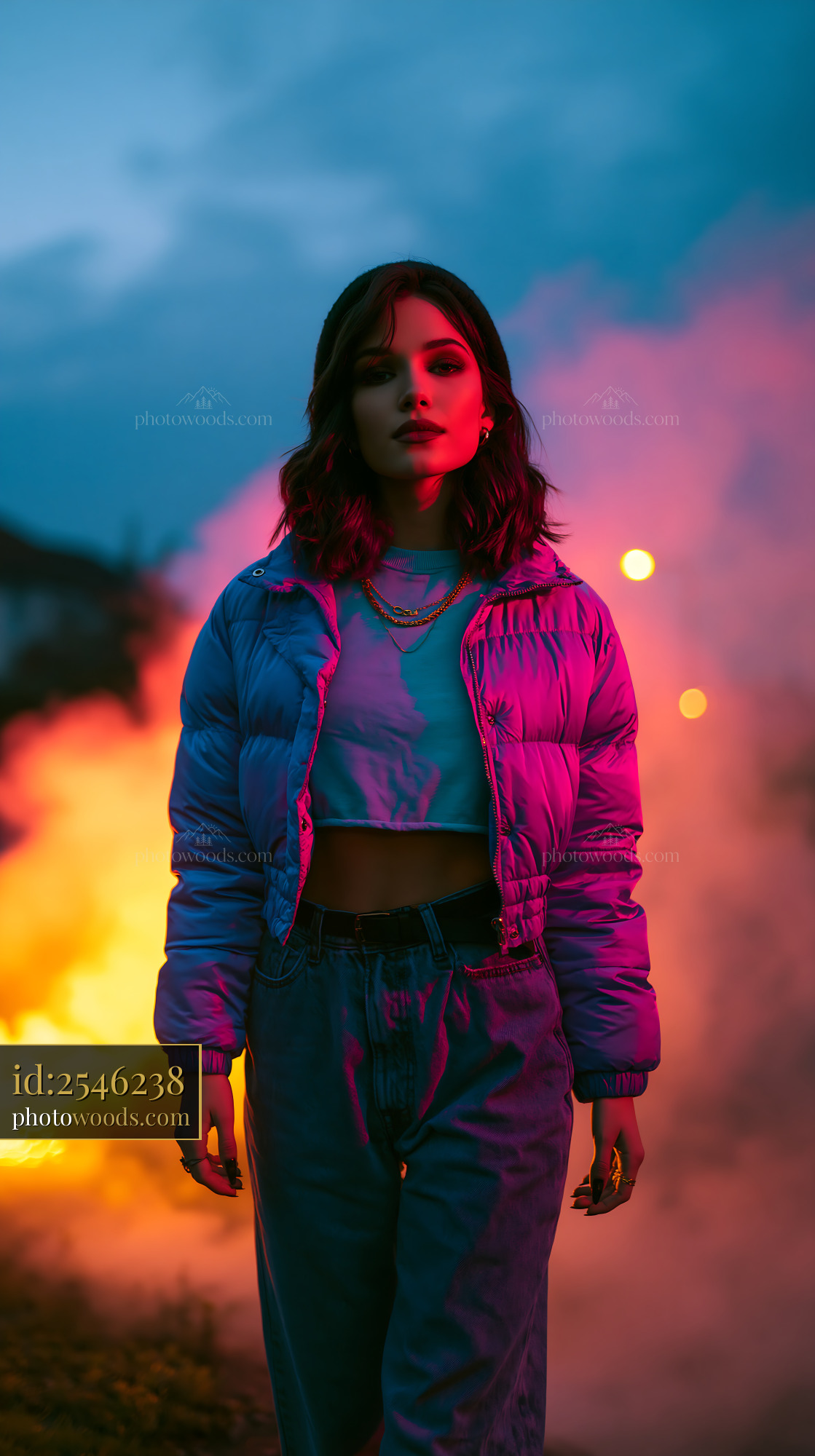 Striking Woman in Cropped Puffer Jacket Walking Through Smoke