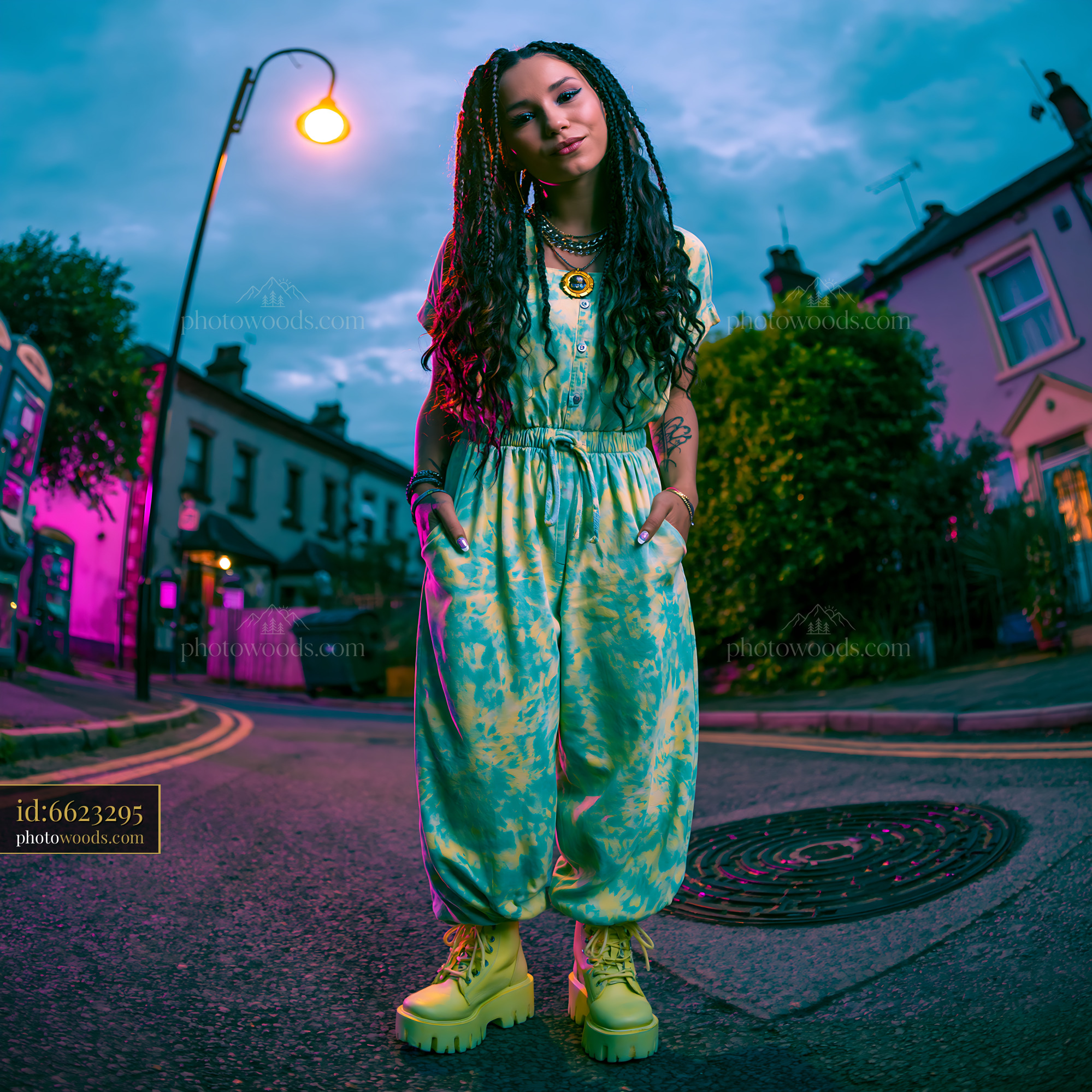 Model With Braided Hair in Acid Wash Outfit on a Street at Dusk