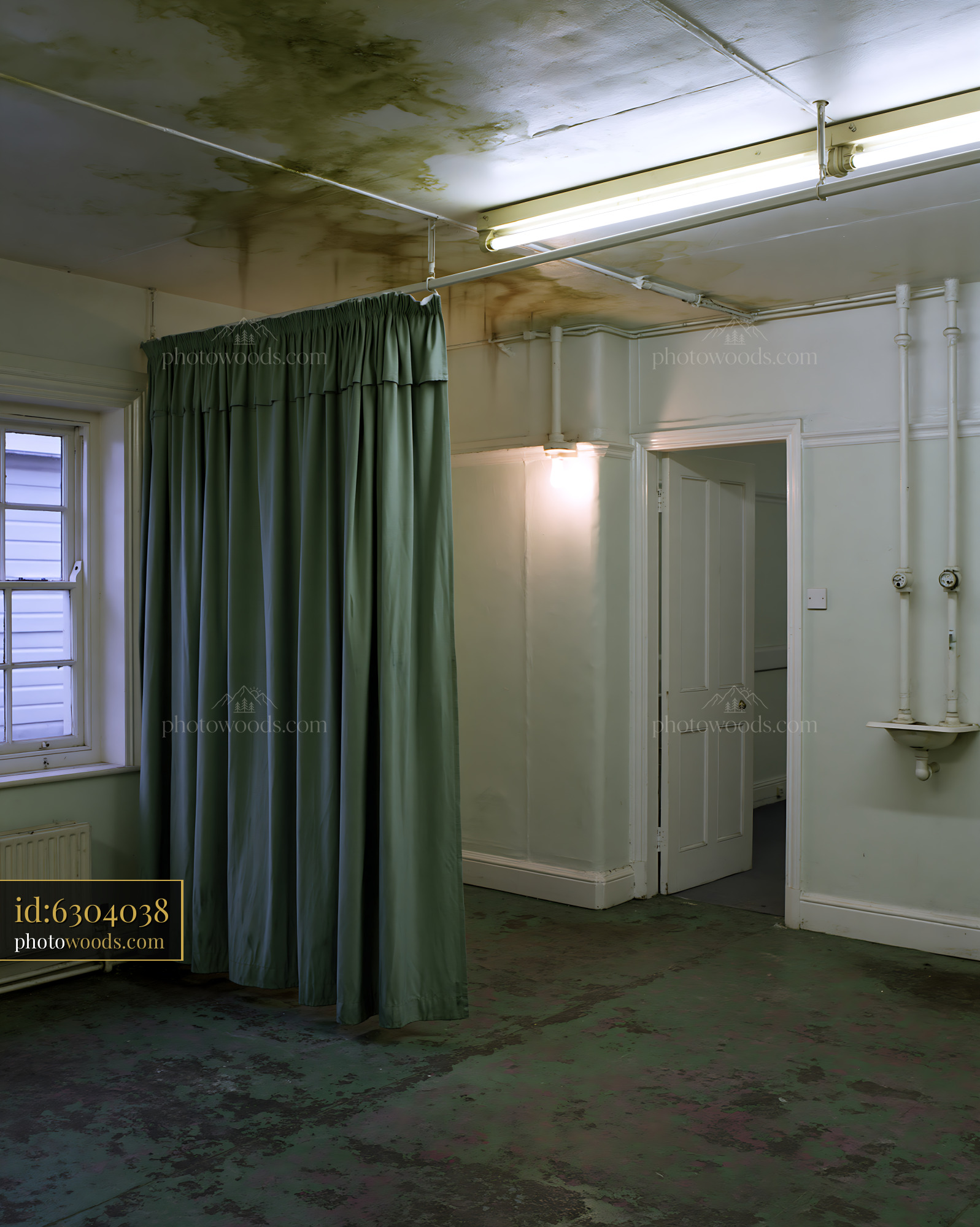 Room Interior With Curtain and Damp Ceiling