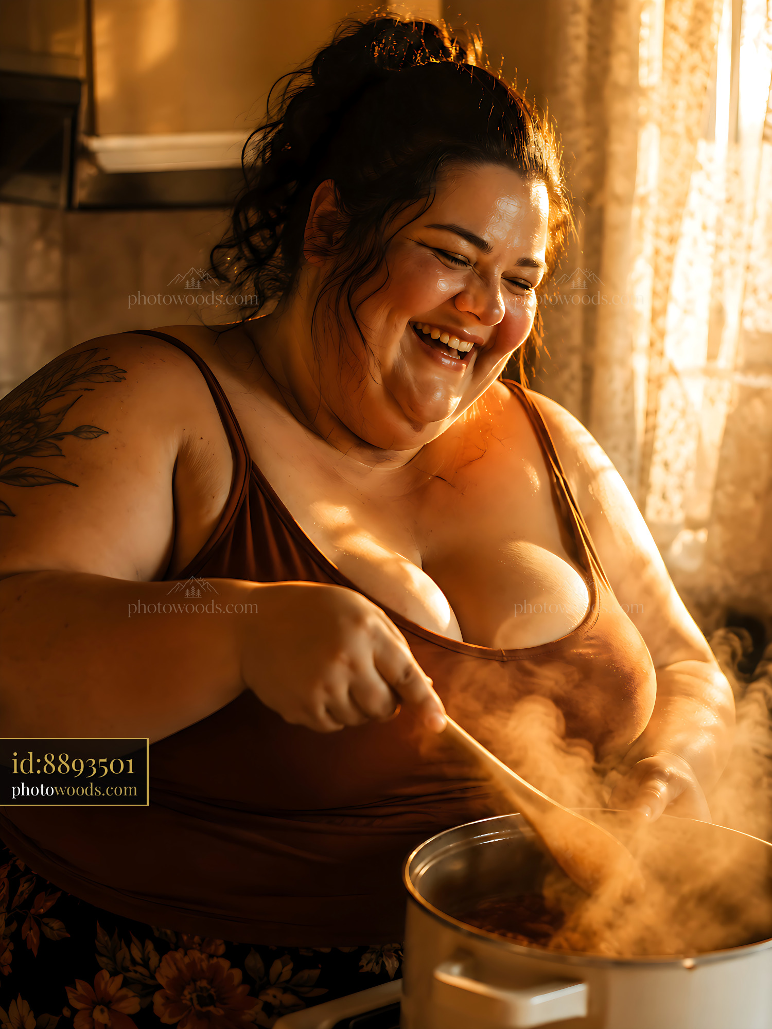 Woman Stirring Pot While Cooking in Kitchen During Sunlight