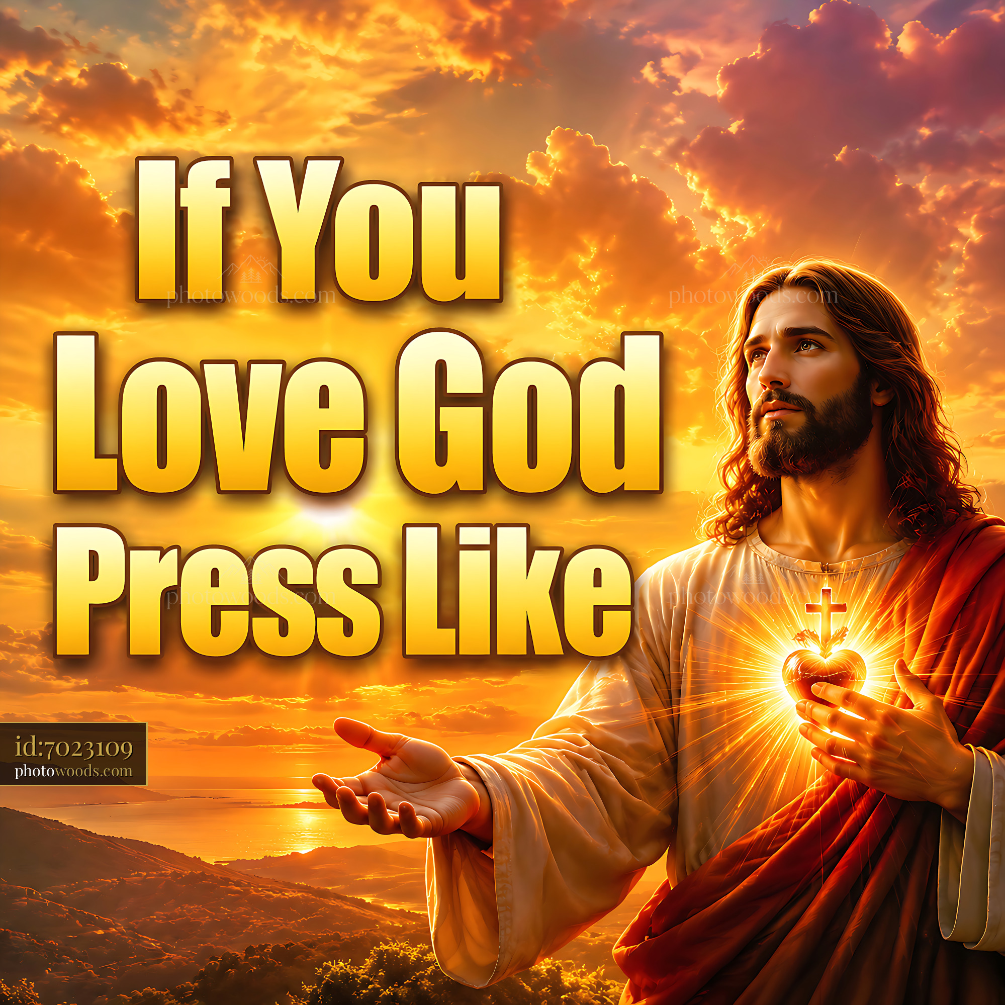 Jesus Standing With Glowing Heart Against Sunset Sky