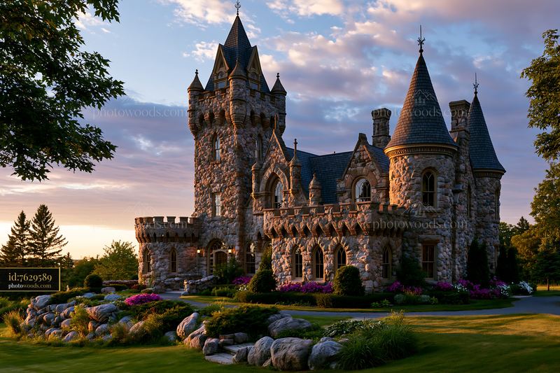 Historic stone castle with towers and landscaped garden during sunset