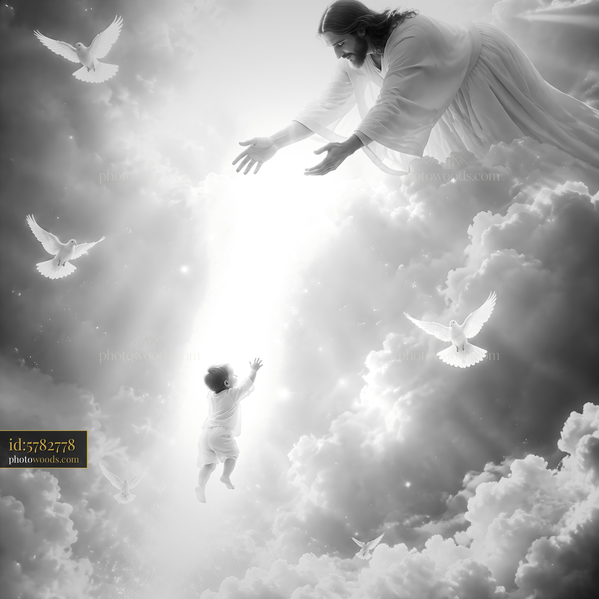 Jesus Reaches out to a Child in a Bright Cloud Scene