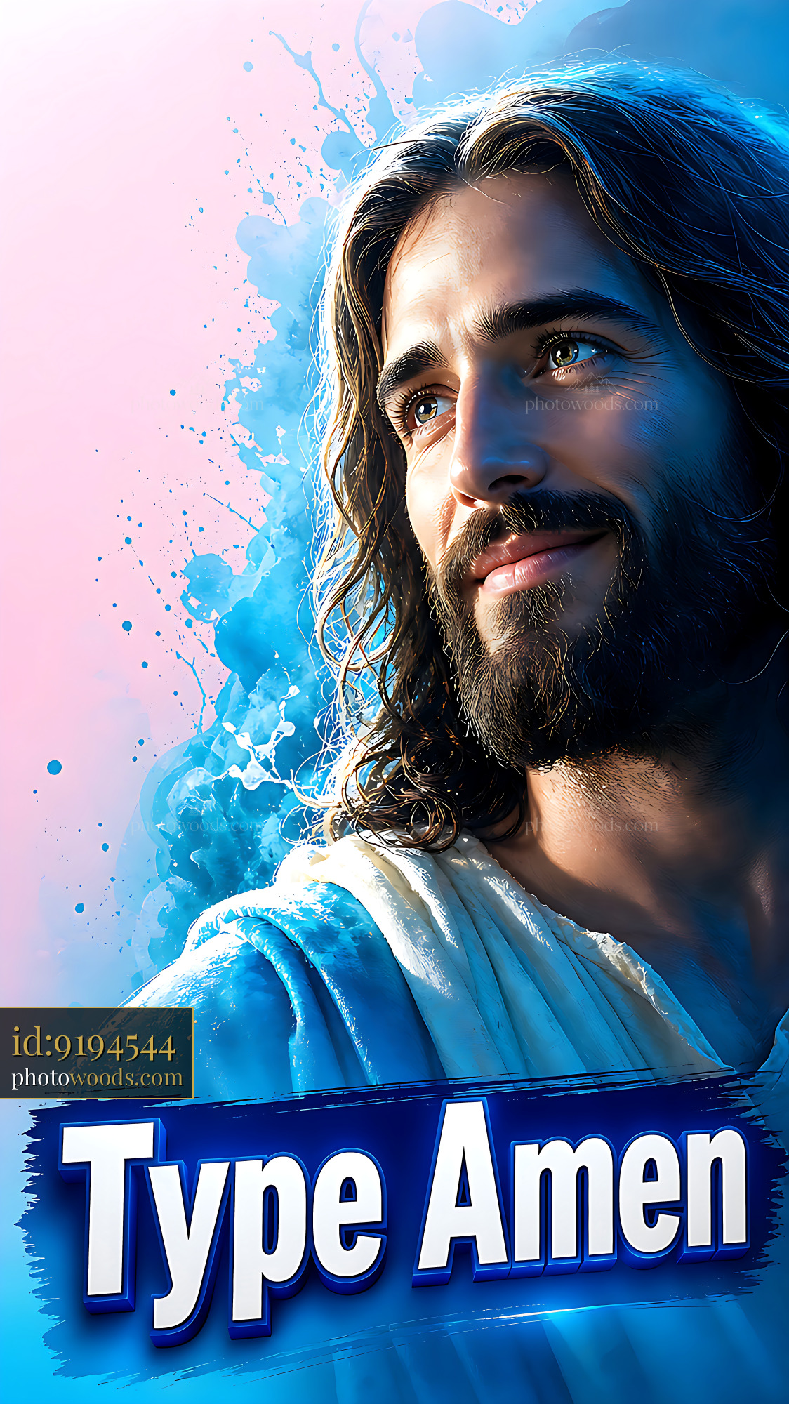 Jesus Portrait With Blue Background and Message to Type Amen