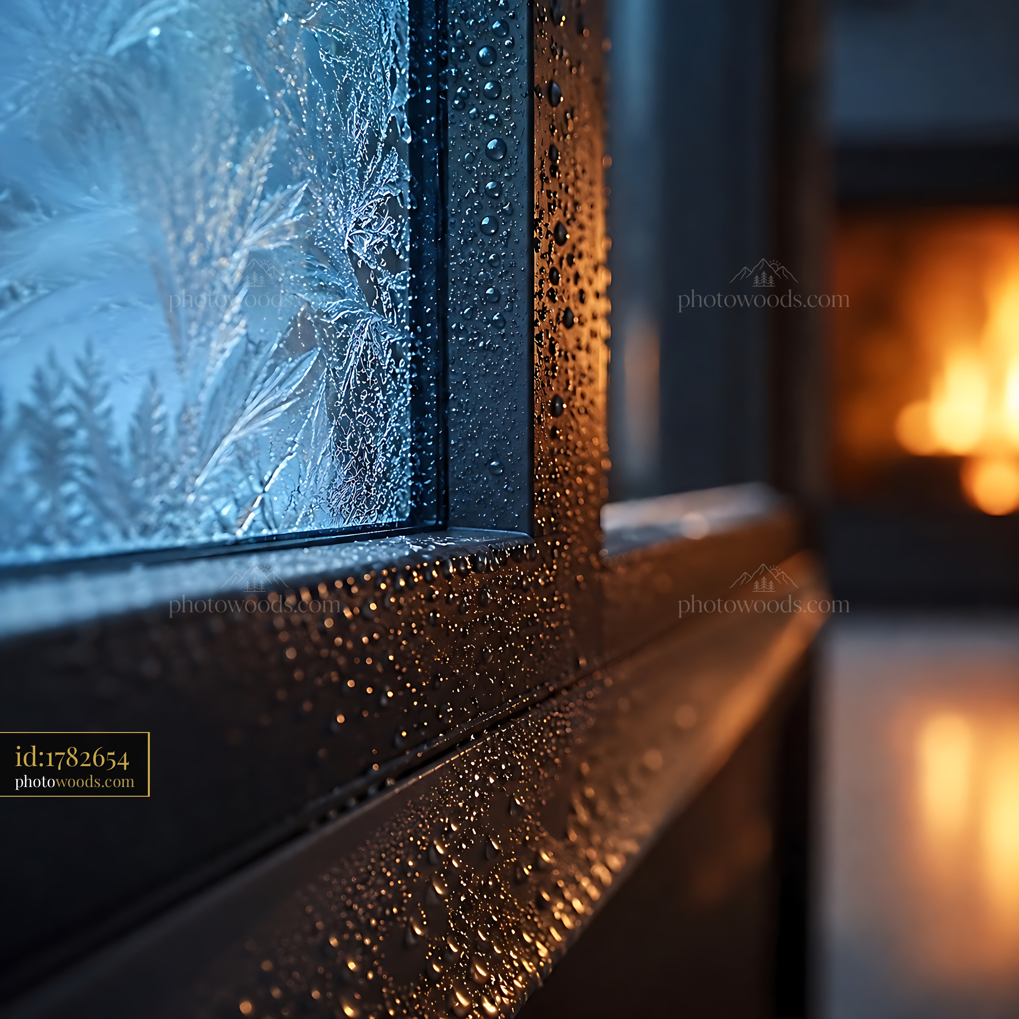 Frosted Window With Droplets and Warm Fire Indoors