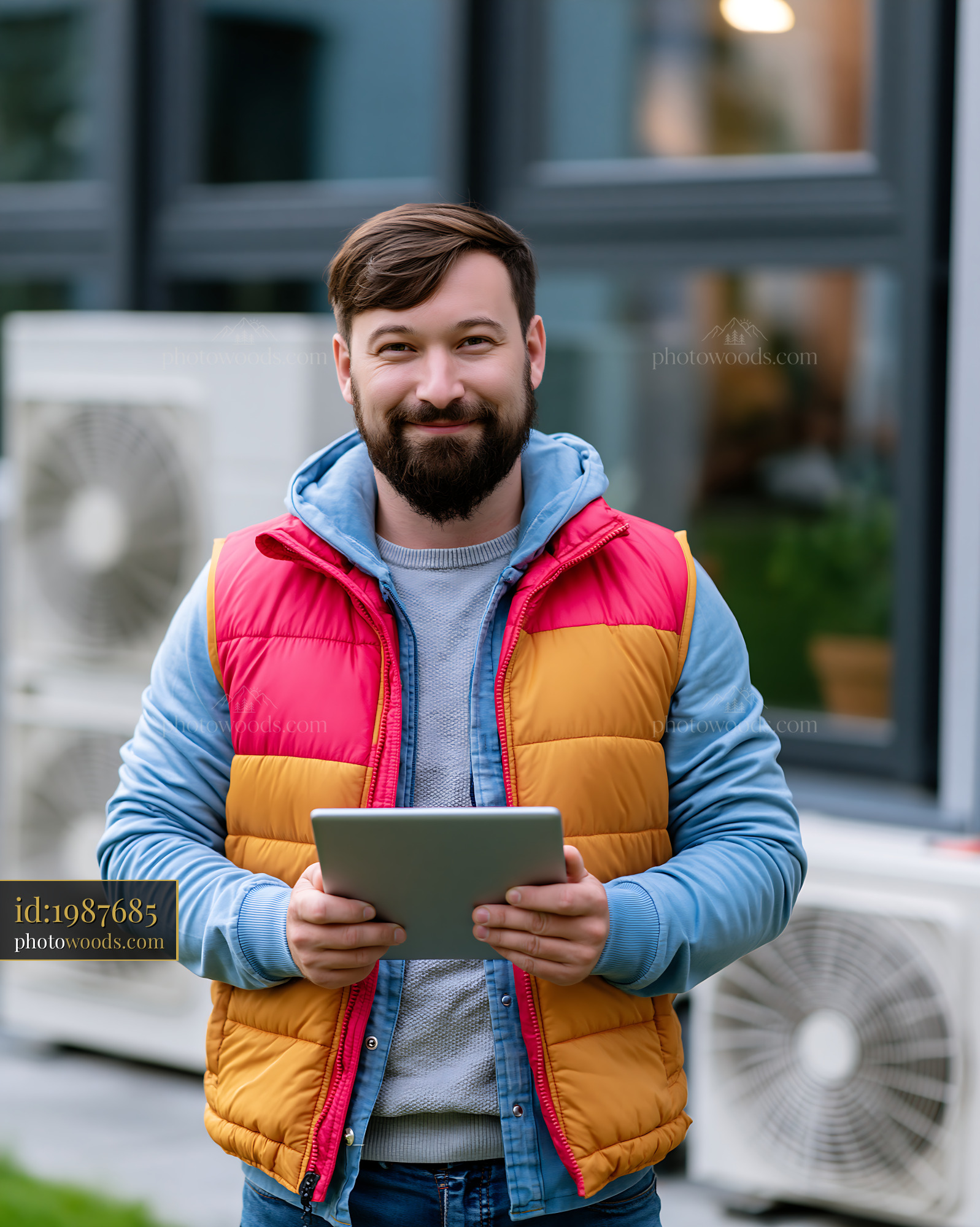 Apprentice Craftsman With a Tablet Outdoors in Urban Setting