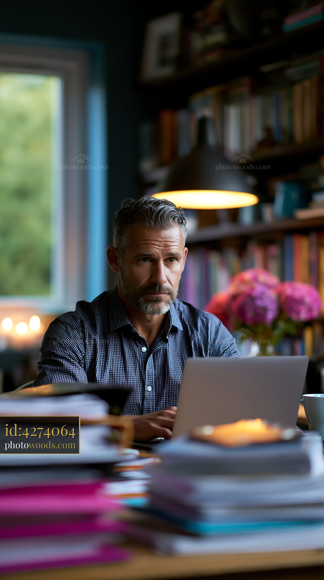 Remote Employee Working in Home Office With Books and Flowers