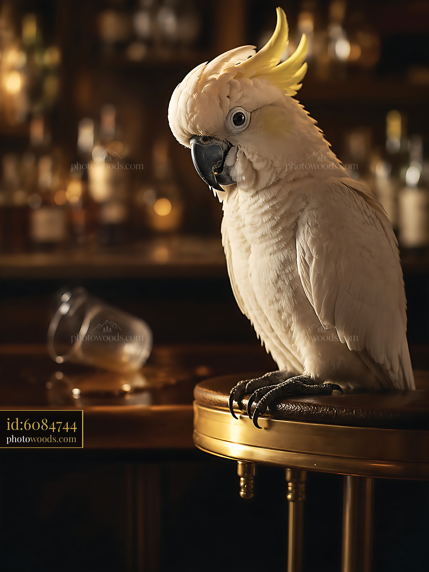 Cockatoo Sits on a Bar Counter With a Glass Nearby