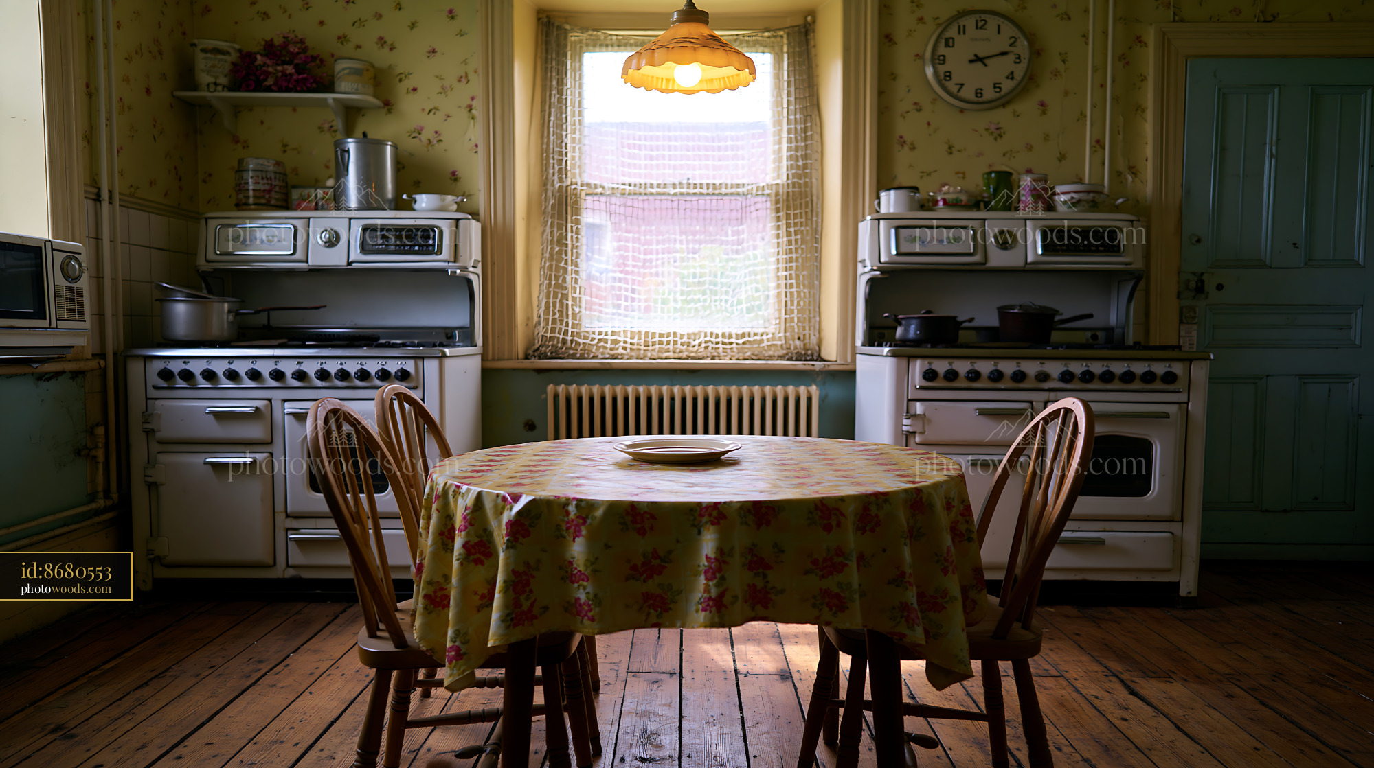 Old Communal Kitchen With Vintage Stoves and Wooden Table
