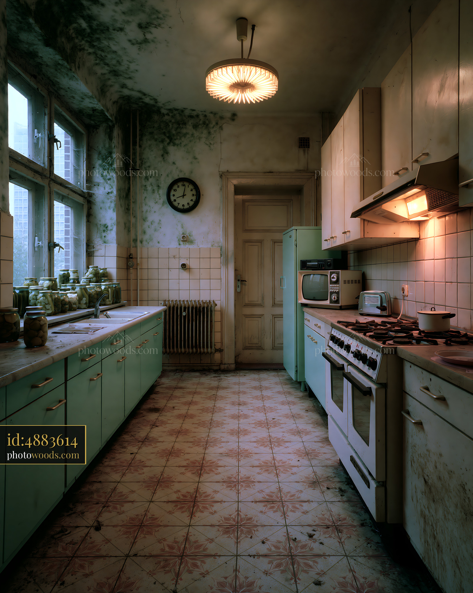 Dilapidated Kitchen With Mold and Old Appliances in Vintage Style