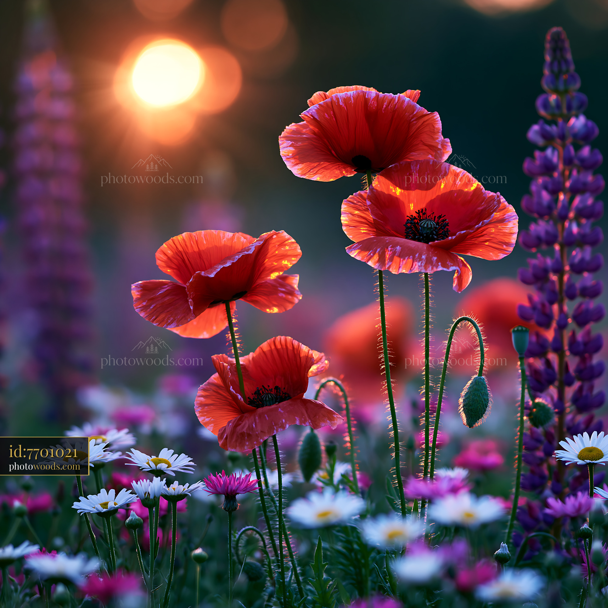 Poppies and Daisies Bloom in Colorful Field During Sunset