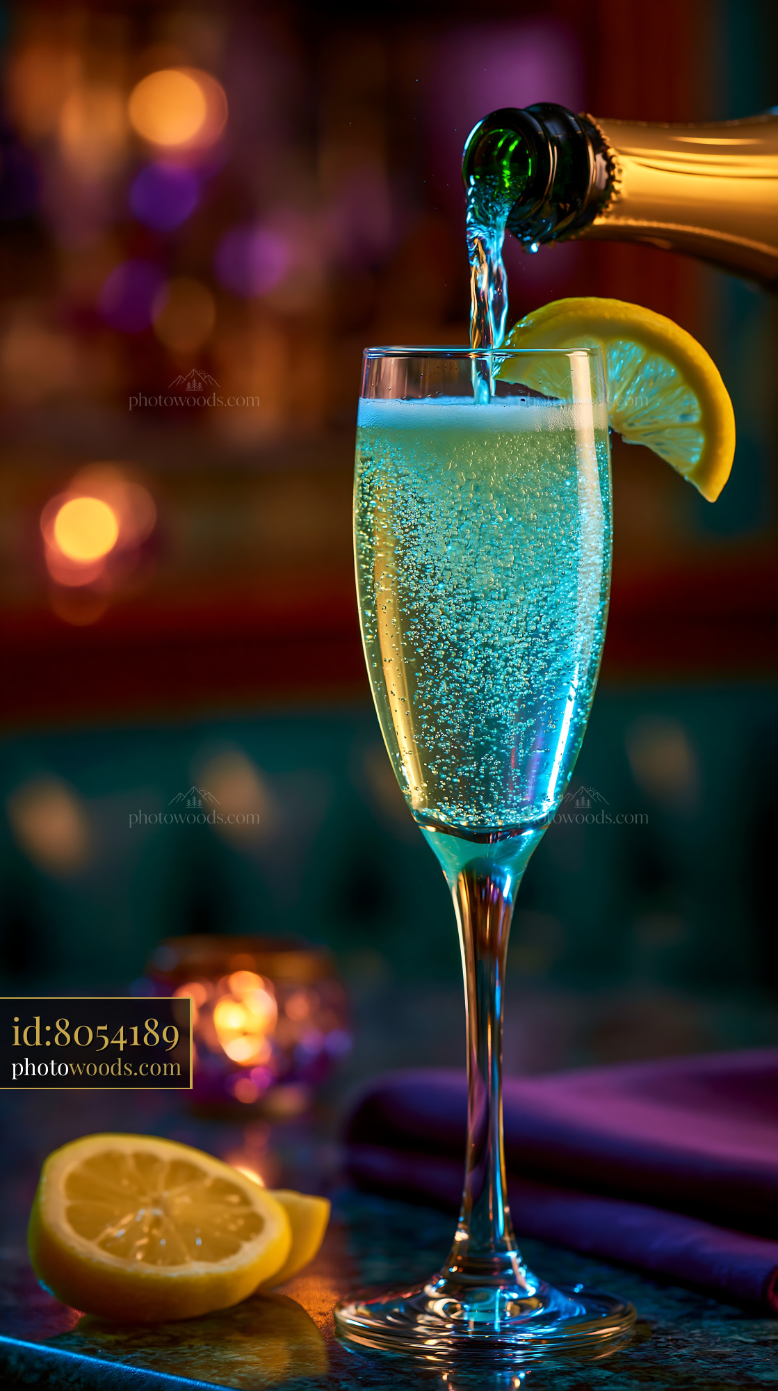 French 75 Cocktail With Champagne and Lemon Slice in Soft Light