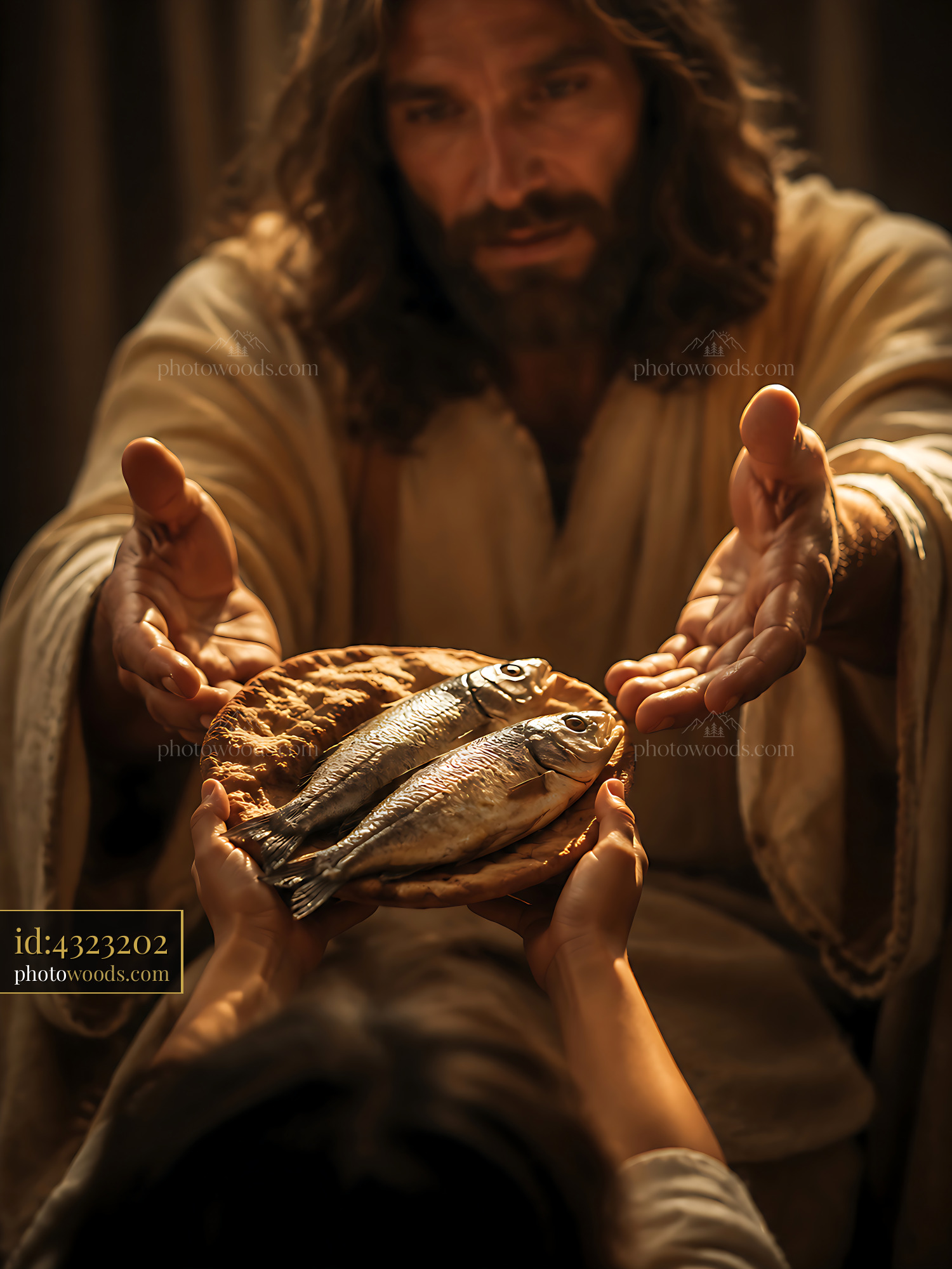 Jesus Offers Bread and Fish to a Child in a Warm Setting