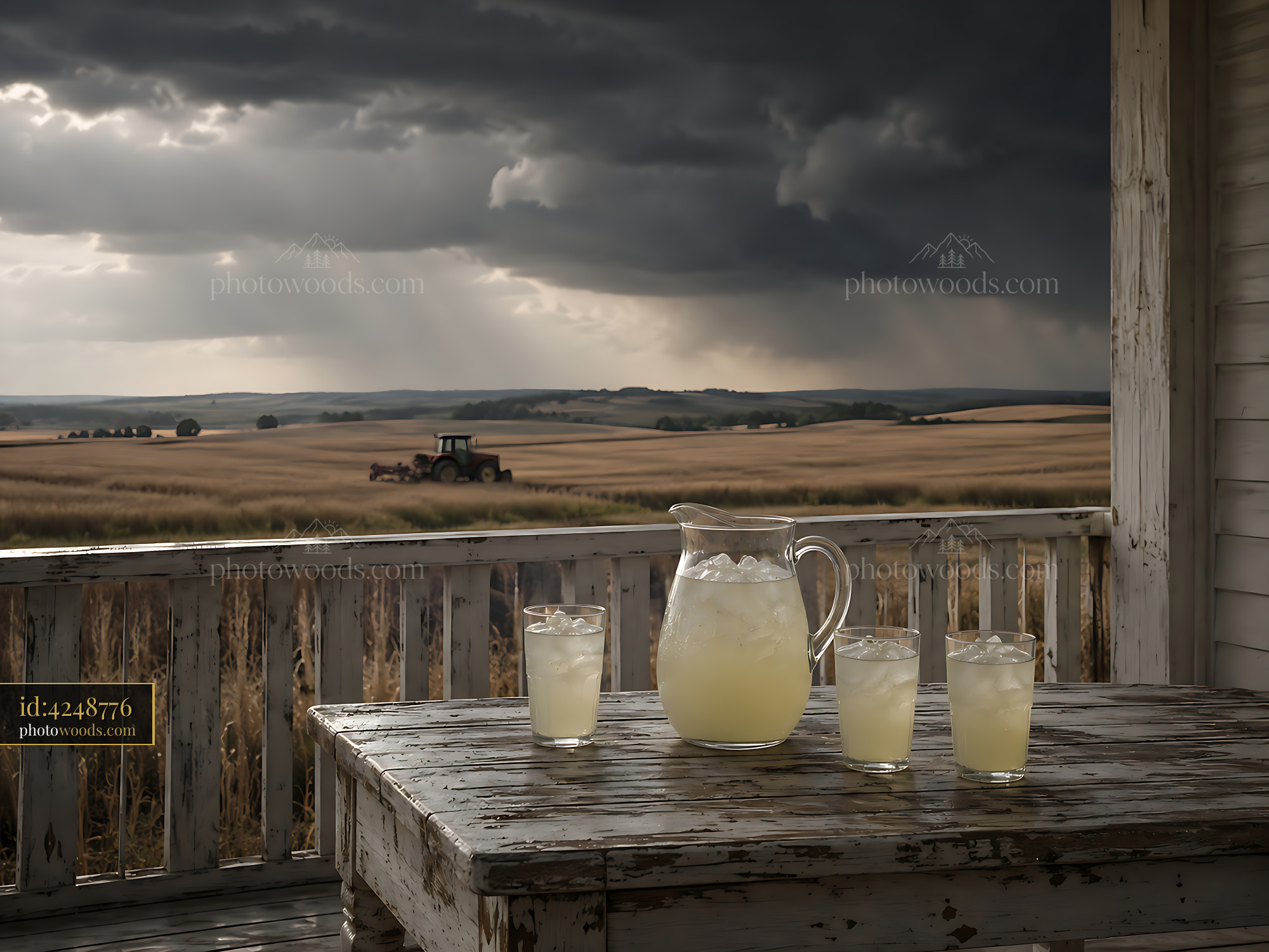 Lemonade Pitcher and Glasses on Wooden Table Near Farm Field