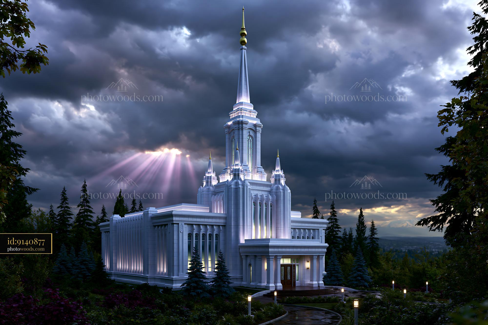 Seattle Washington Temple at Sunset With Stormy Clouds