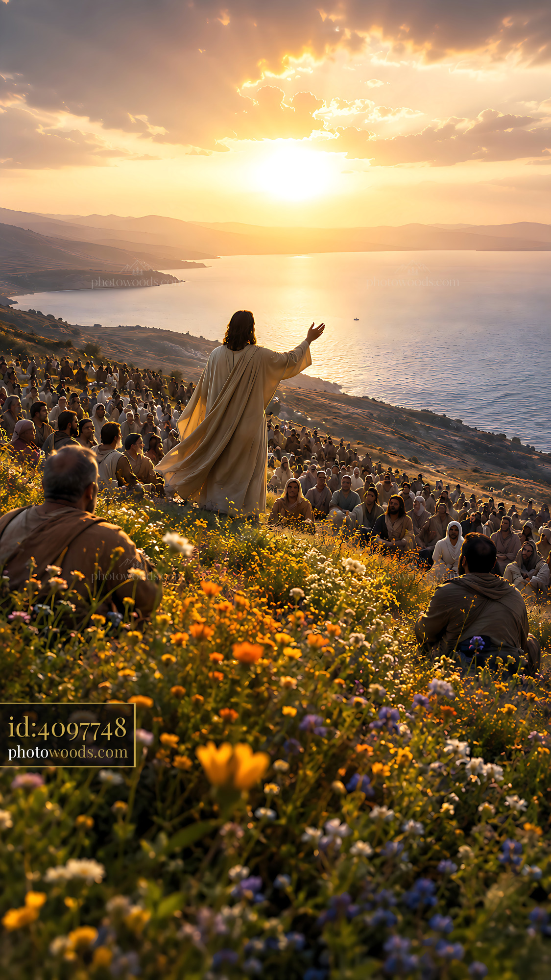 Jesus Teaching People on Hillside During Sunset by the Sea