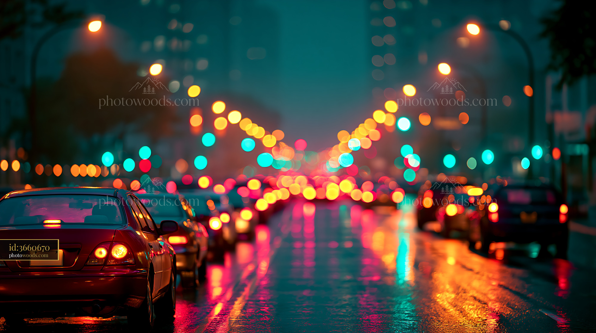 Cars Driving on Wet Street Under City Lights at Night