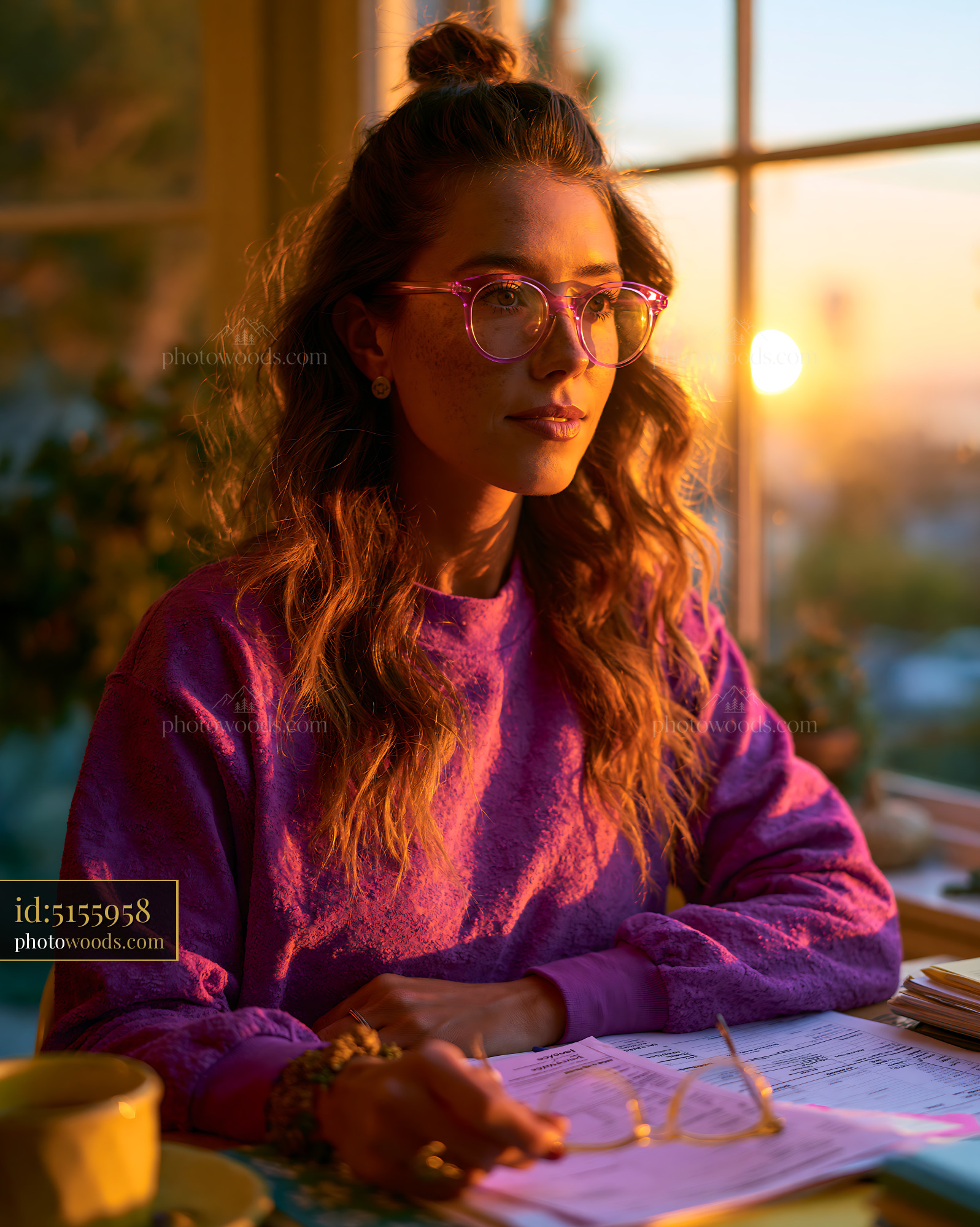 Freelancer Sorting Invoices at Sunset in a Cozy Setting