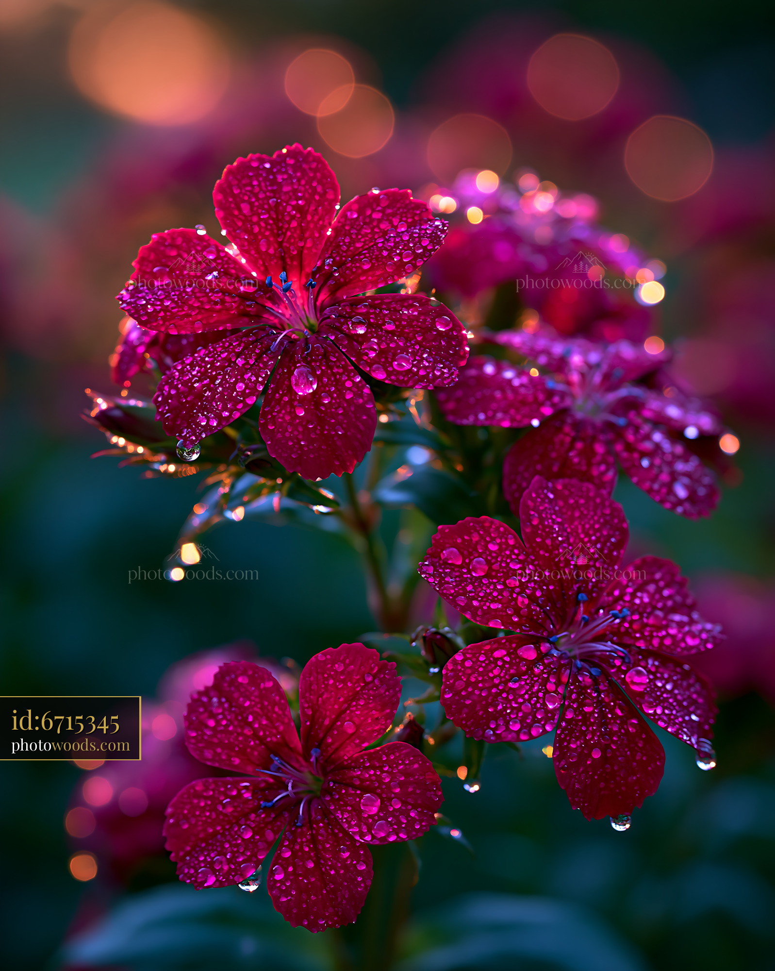 Red Flowers With Dew Drops in Soft Evening Light