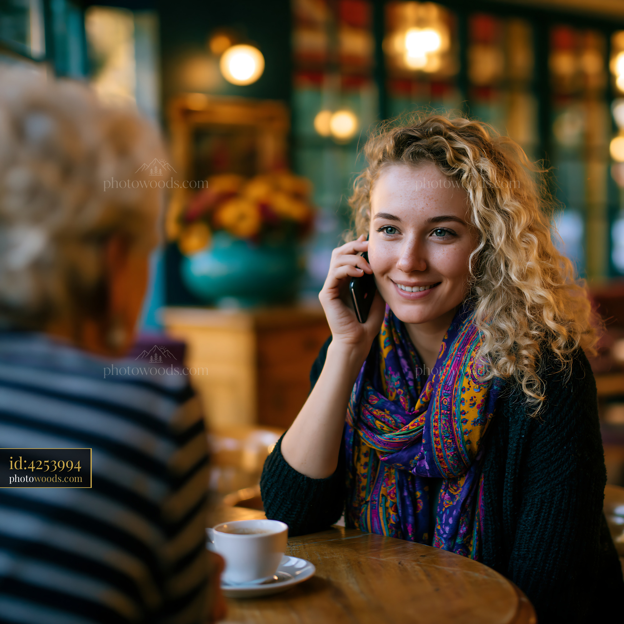 Daughter Talking on Phone in Cafe With Mother Enjoying Coffee