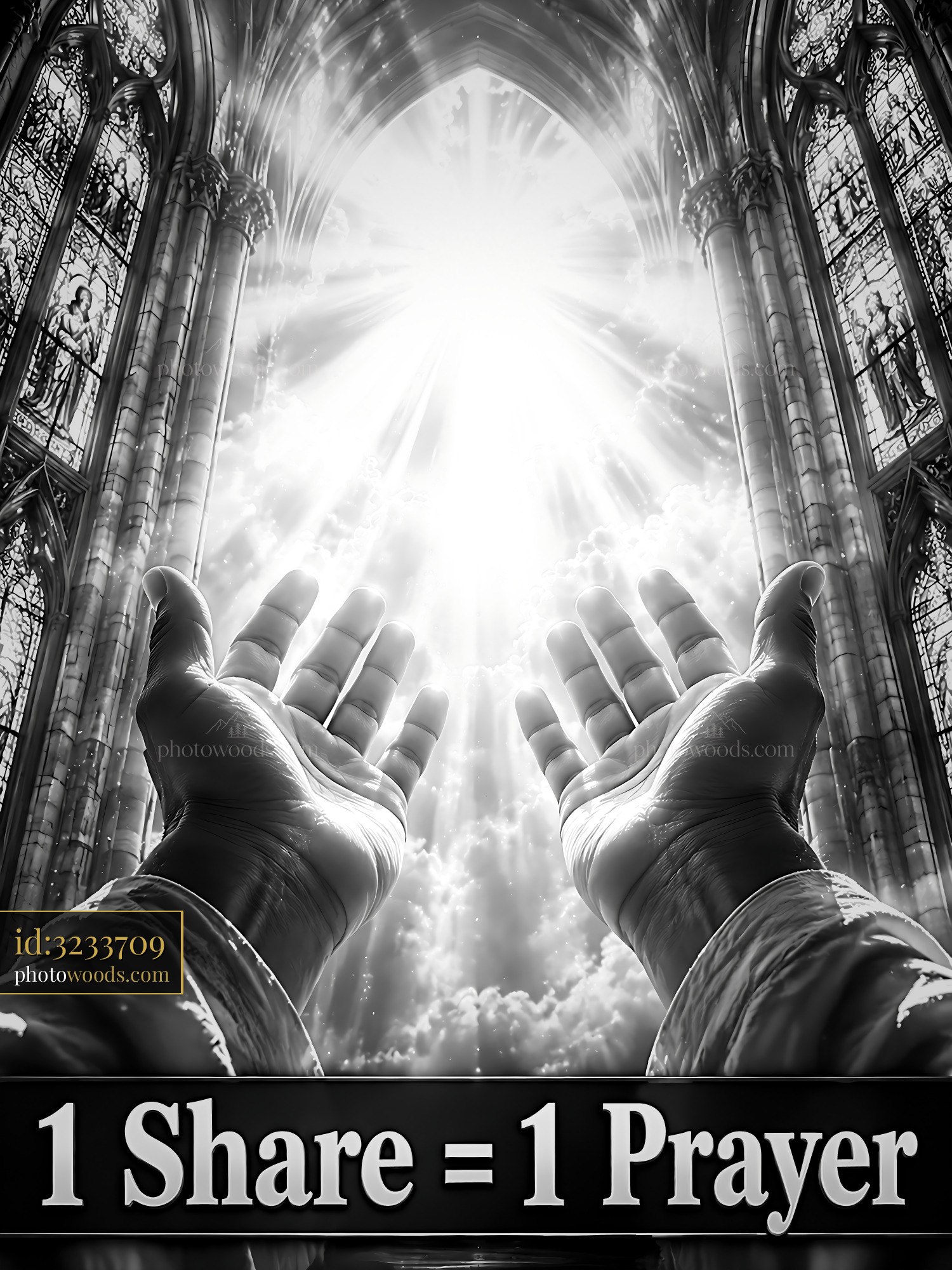 Hands Reaching Toward Light in a Cathedral With Stained Glass
