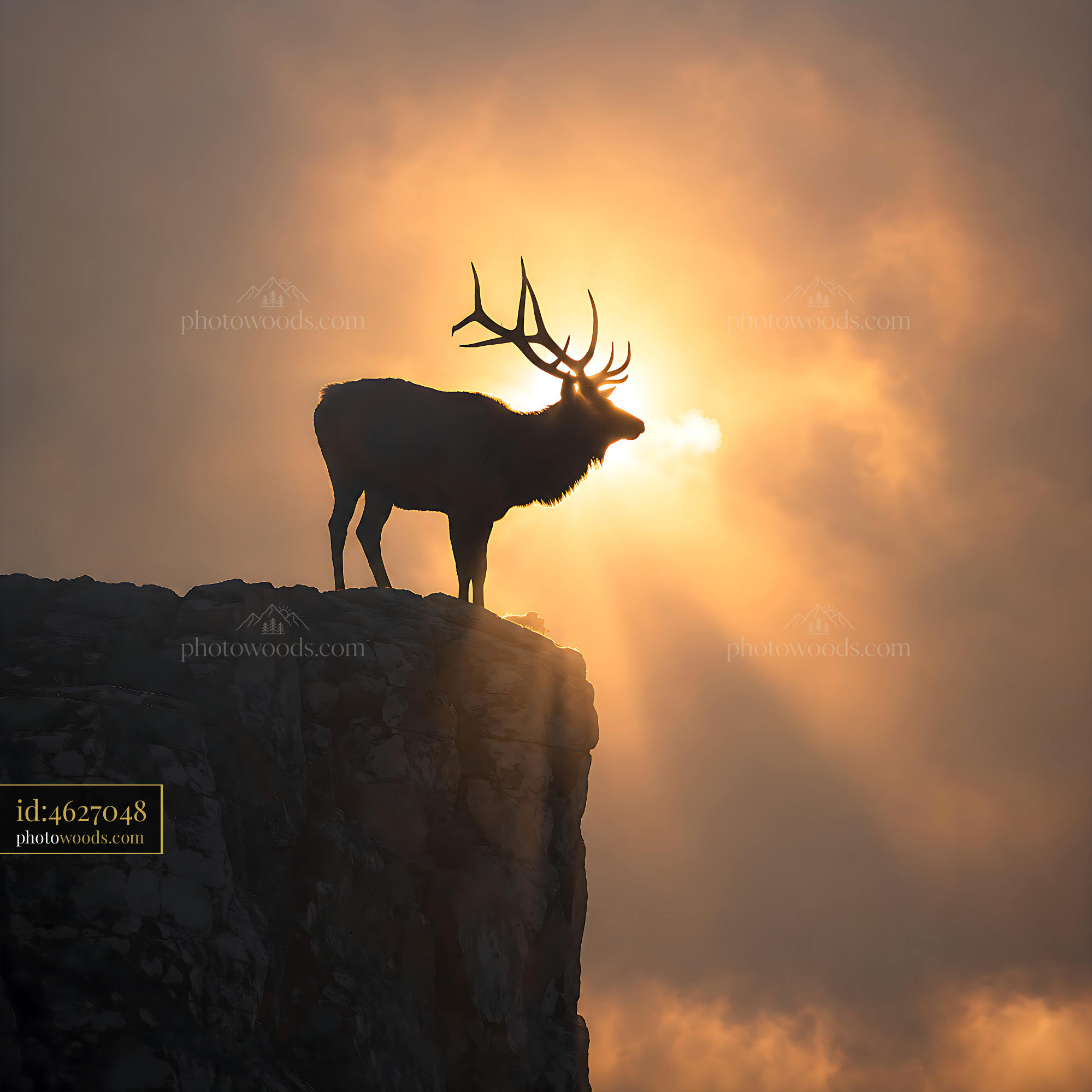 Deer Stands on Rocky Cliff Against Sunset With Glowing Background