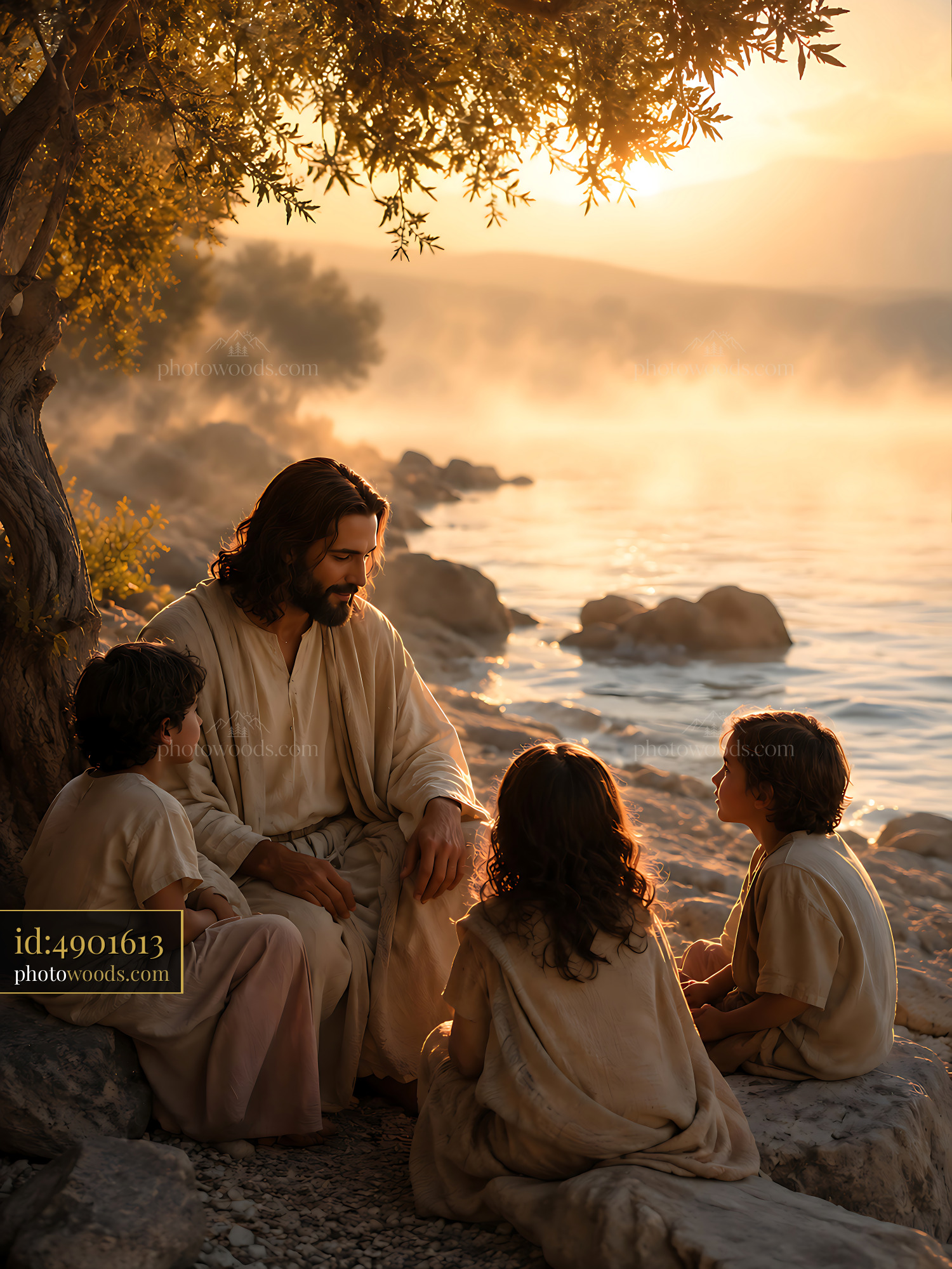 Jesus Teaching Children by the River During Sunset
