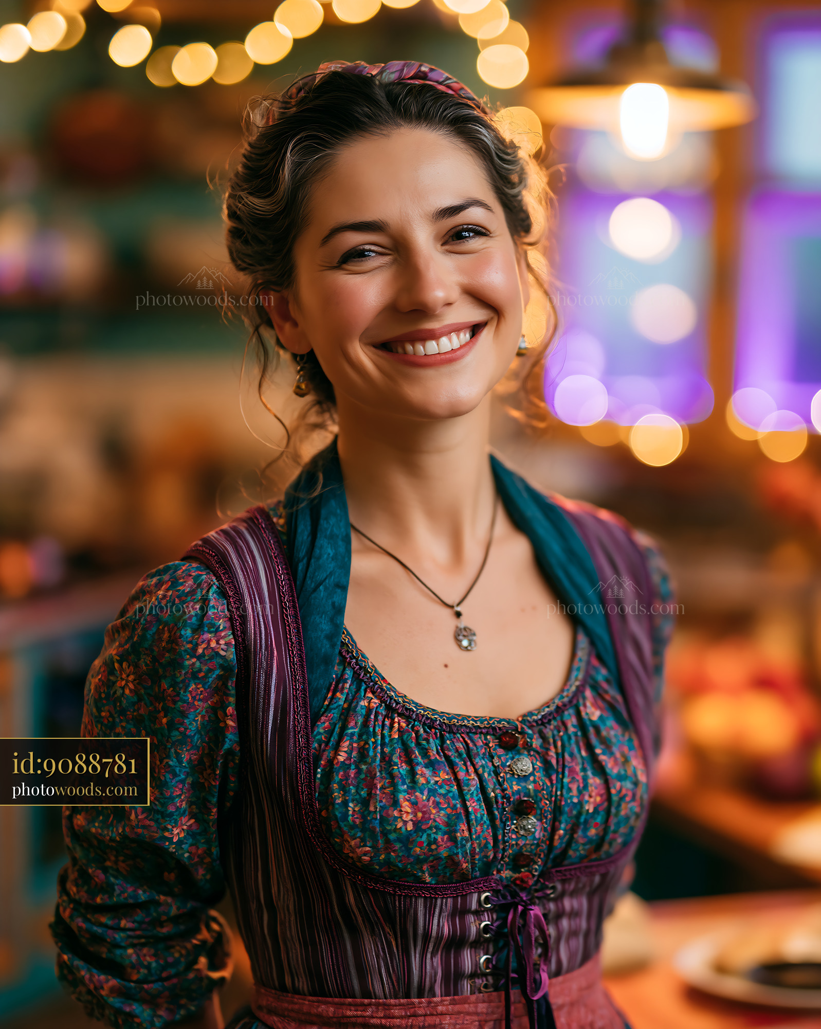 Woman in Traditional Dress Smiles in Cozy Kitchen Setting