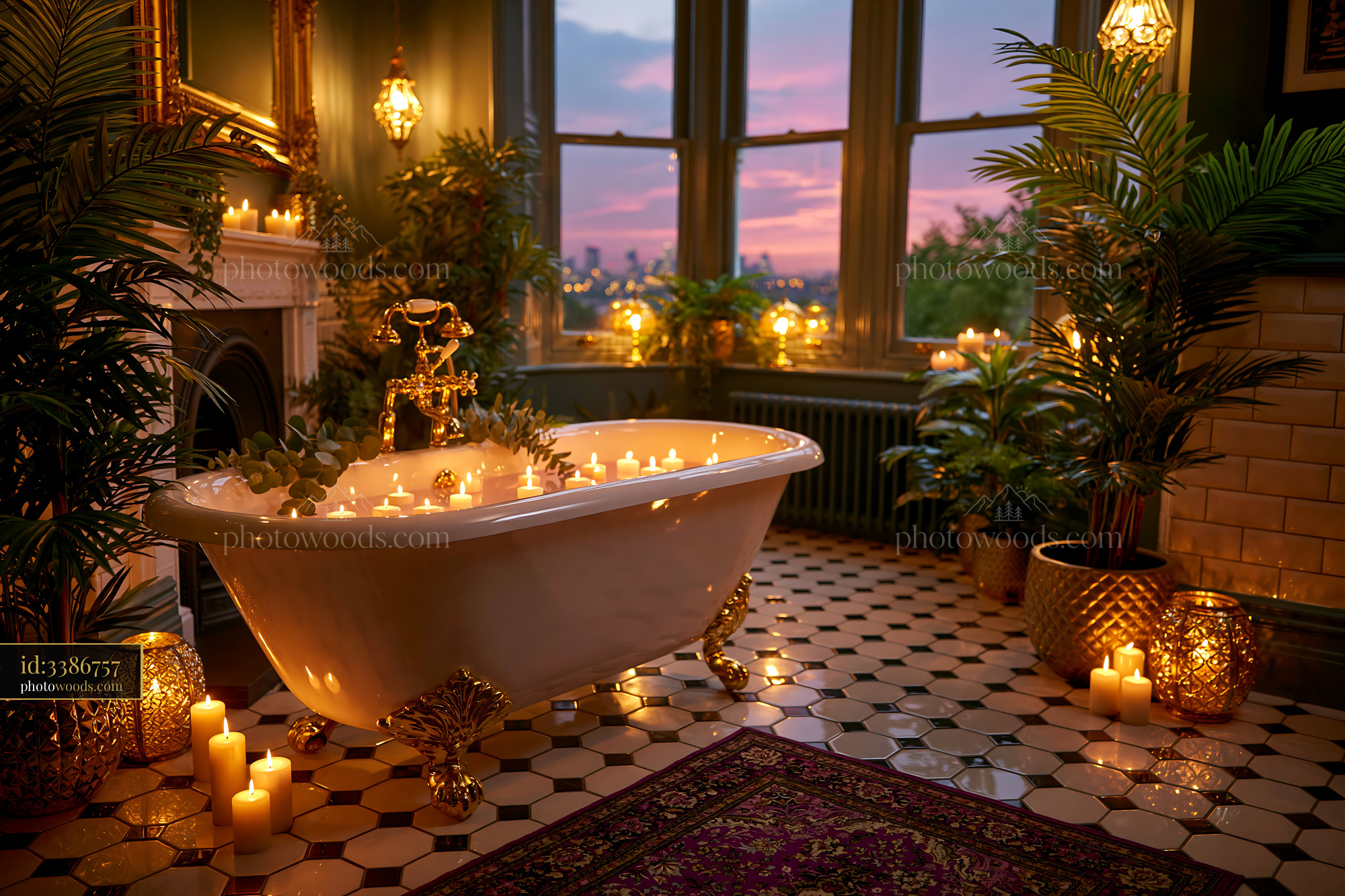 Luxury Bathroom With Clawfoot Tub and Candles in Evening Light