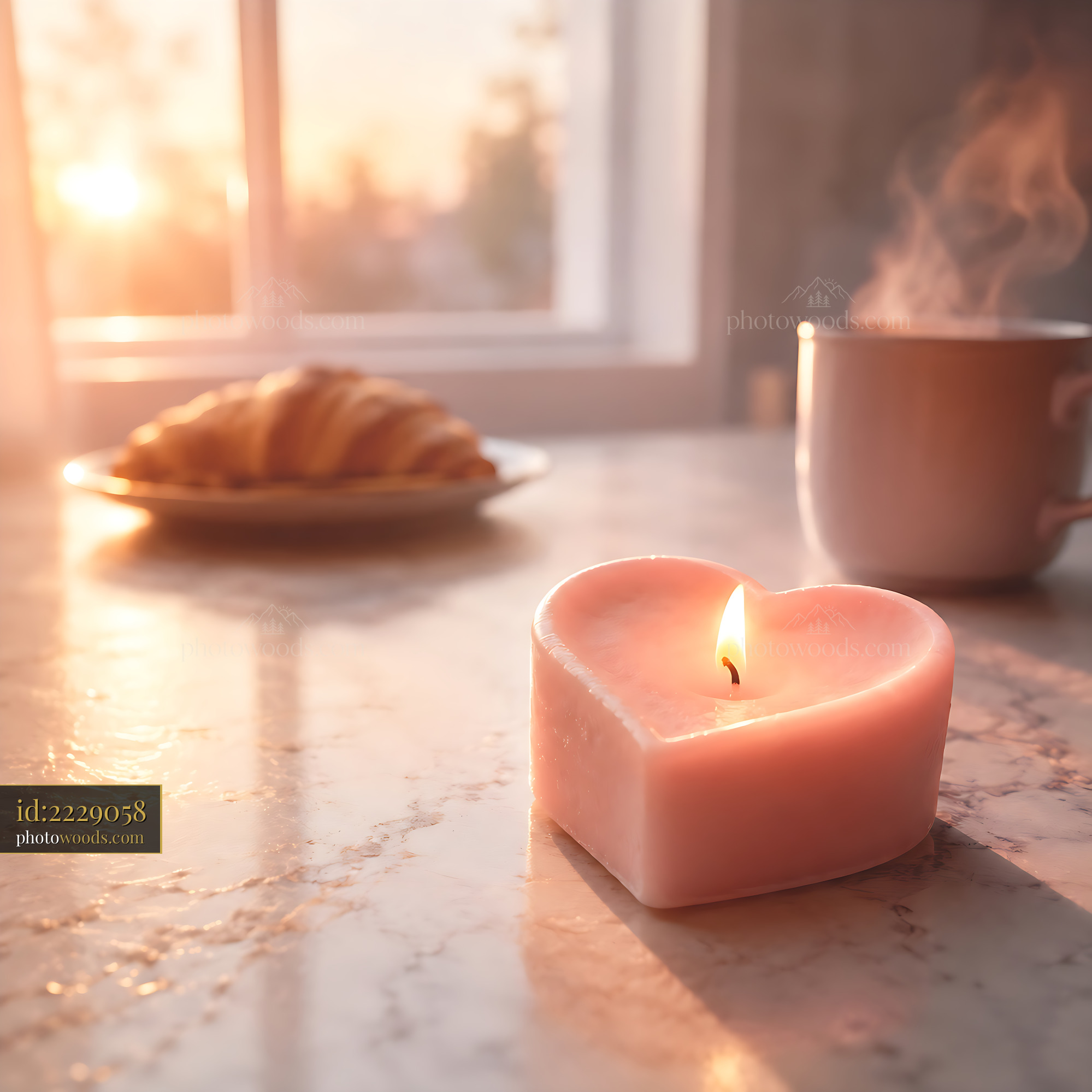 Heart Candle Rests on Table Beside Coffee Cup and Croissant