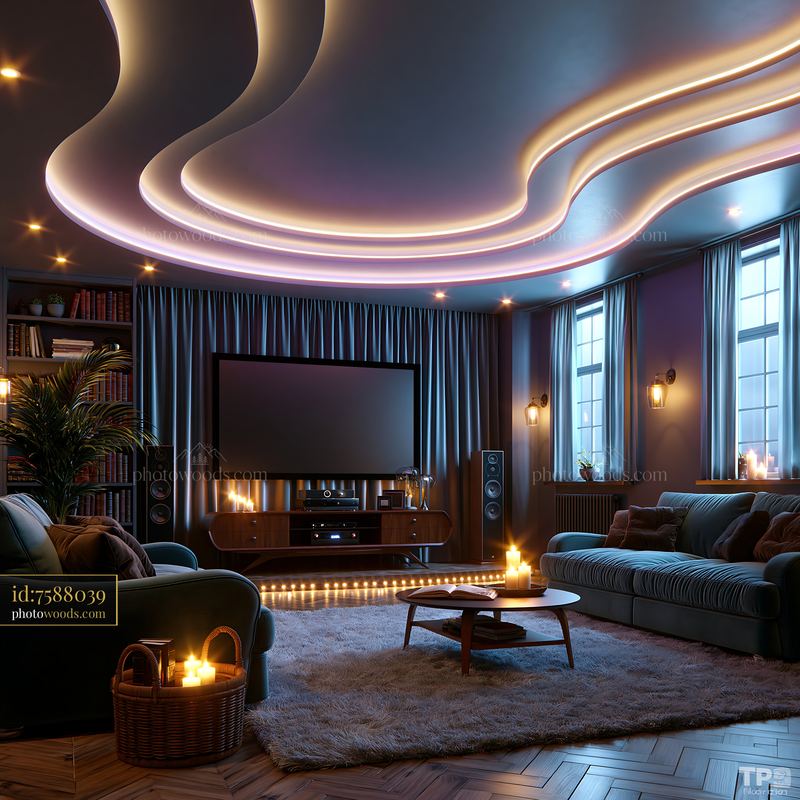 Futuristic Basement Theater With Curved LED Lighting and Cozy Seating