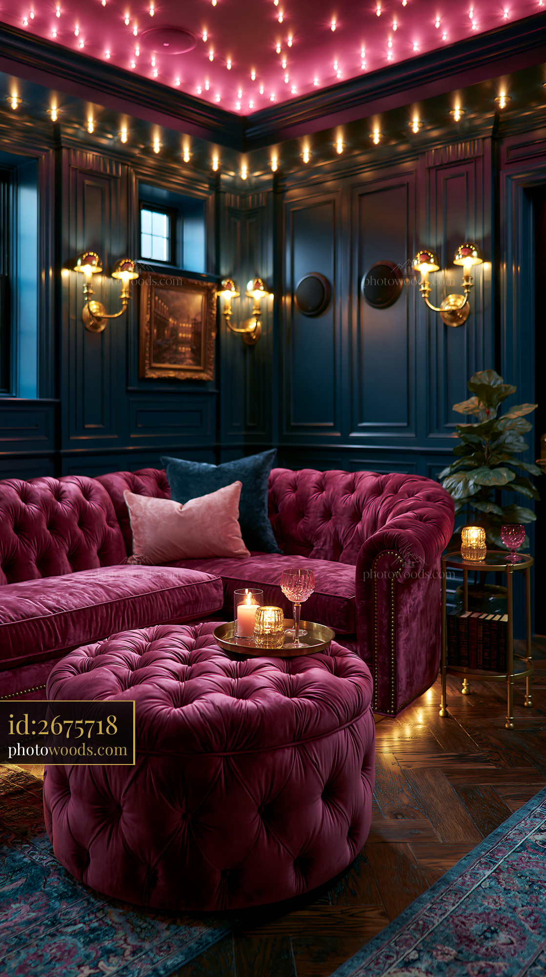 Luxurious Velvet Couch and Decorative Elements in an Elegant Room