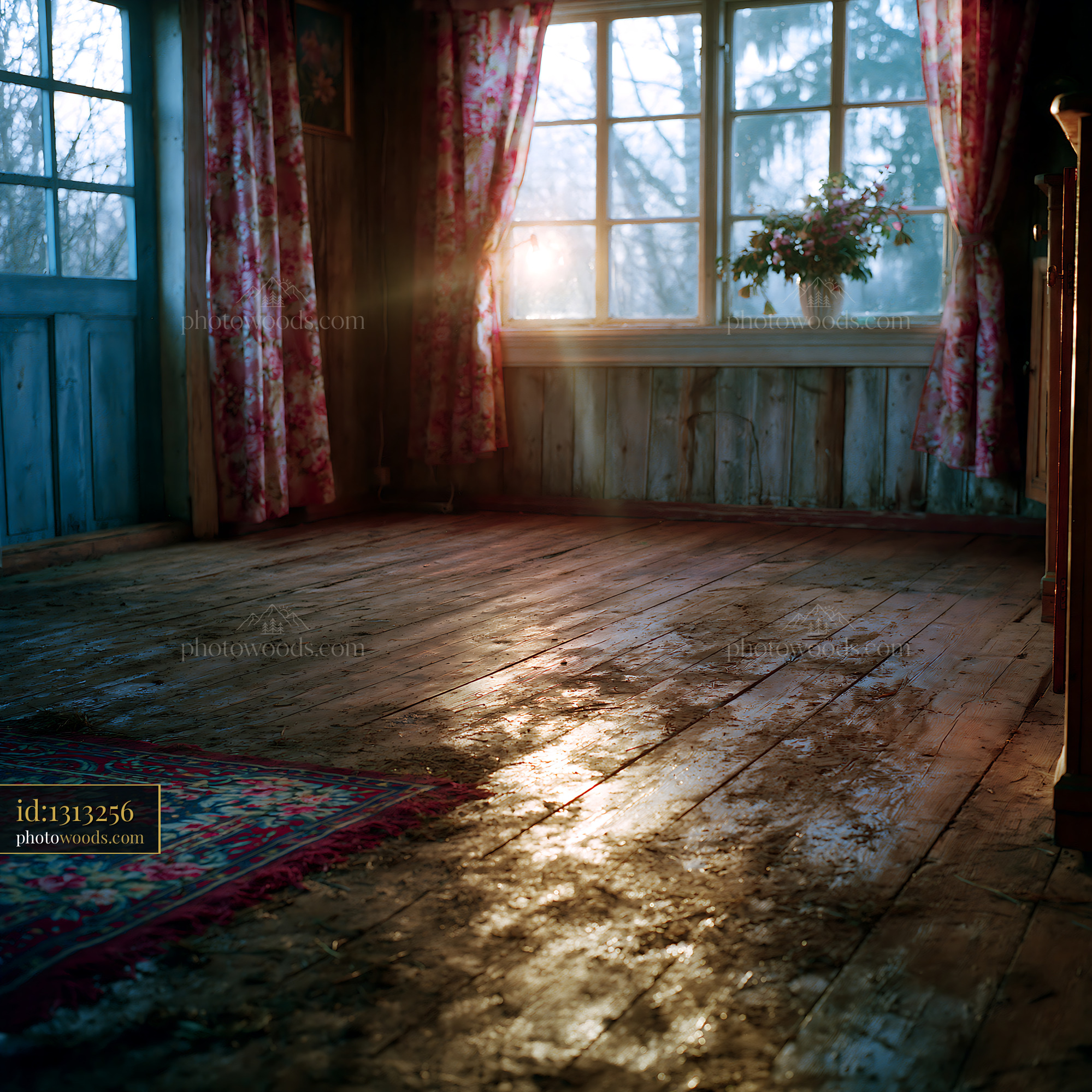 Wooden House Interior in Winter With Sunlight Shining Through Window