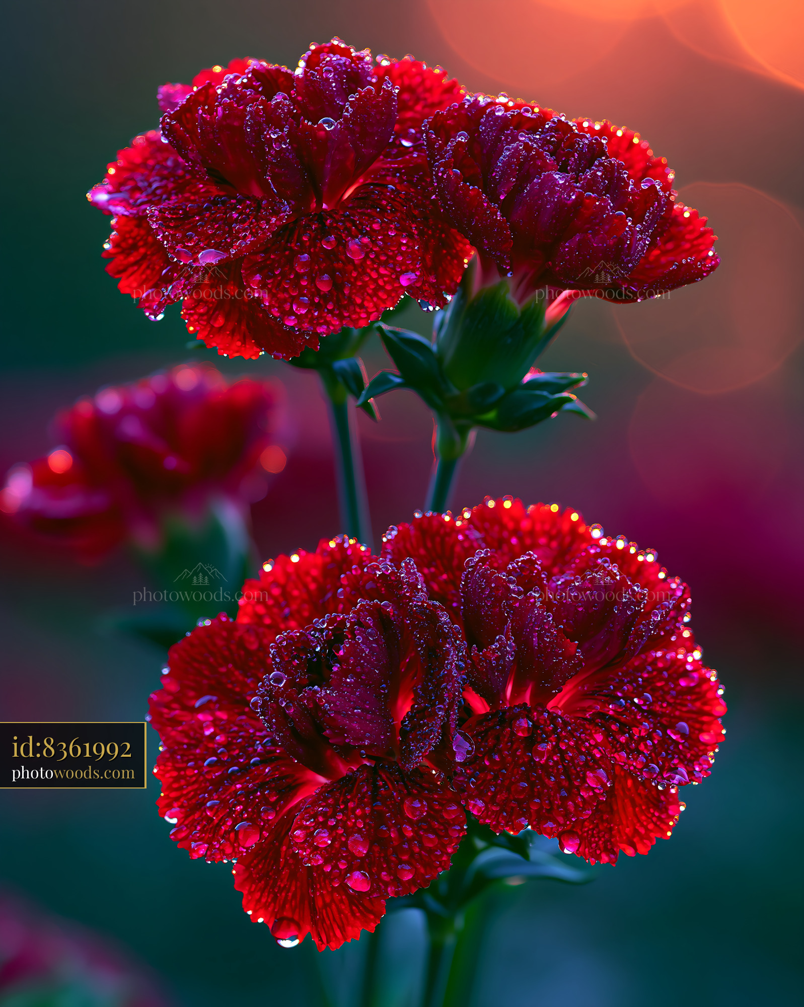 Red Flowers With Water Droplets Glowing in Evening Light