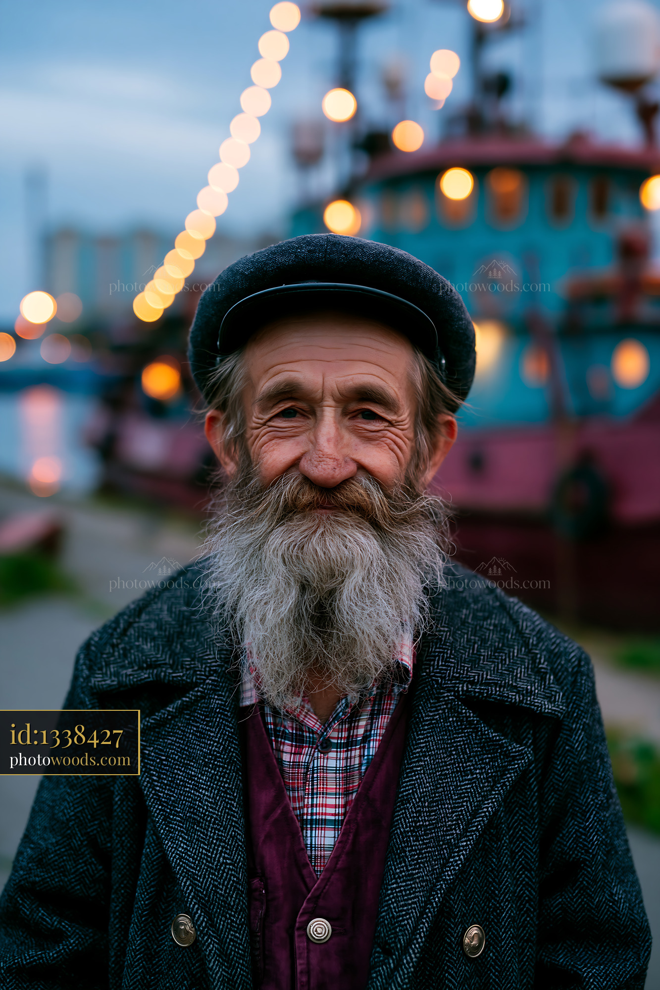 Elderly Man Smiling With a Beard Near Colorful Boats at Dusk