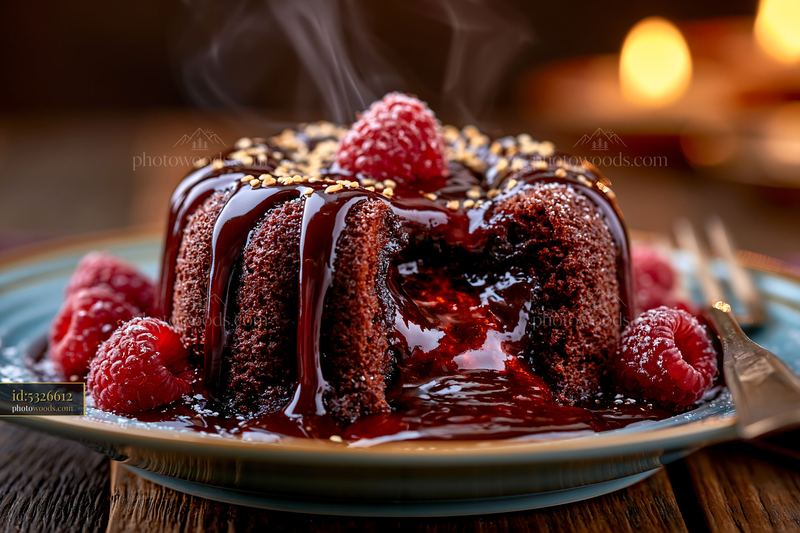 Chocolate Lava Cake With Molten Center and Raspberries
