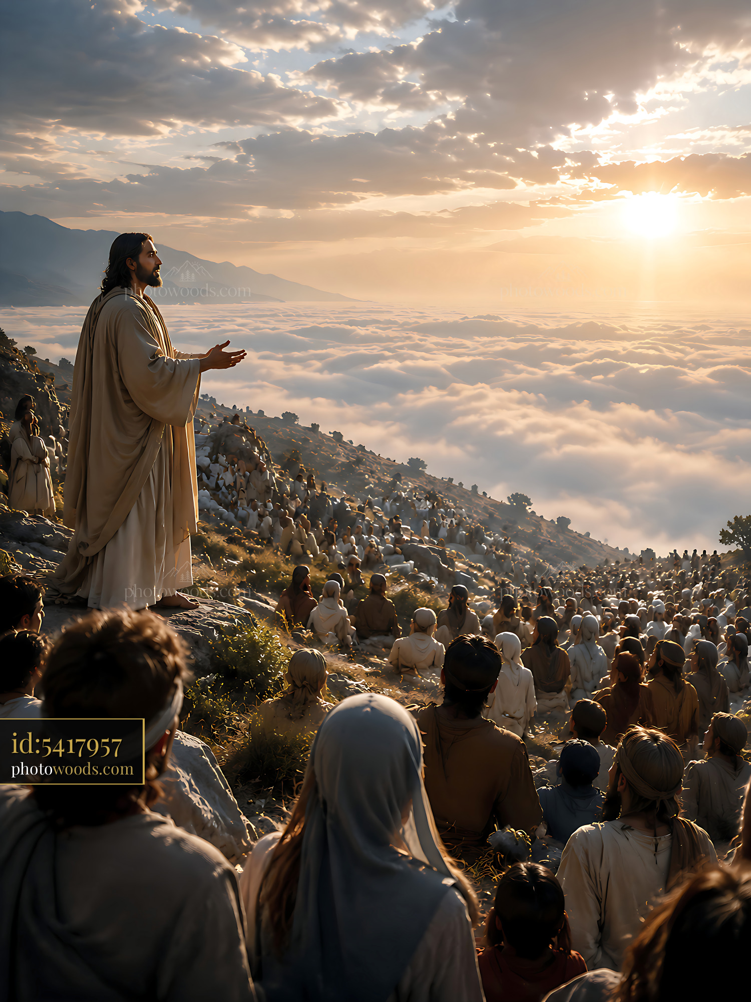 Jesus Speaks to a Large Crowd on a Mountain at Sunset