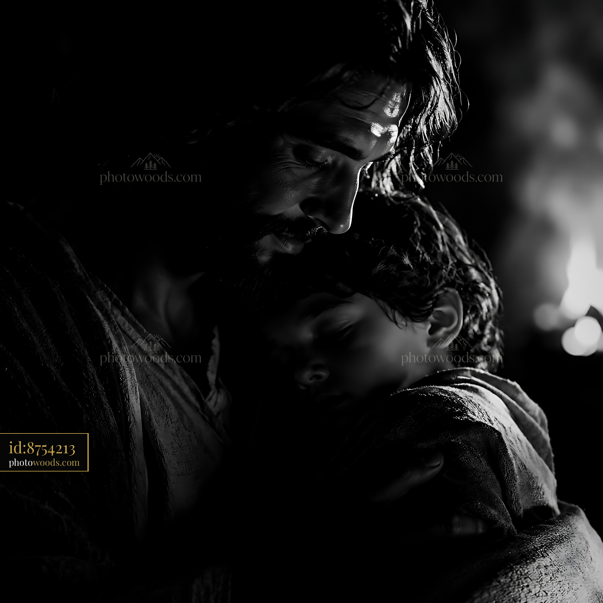 Man Holds Child Closely in Dark Setting With Warm Light