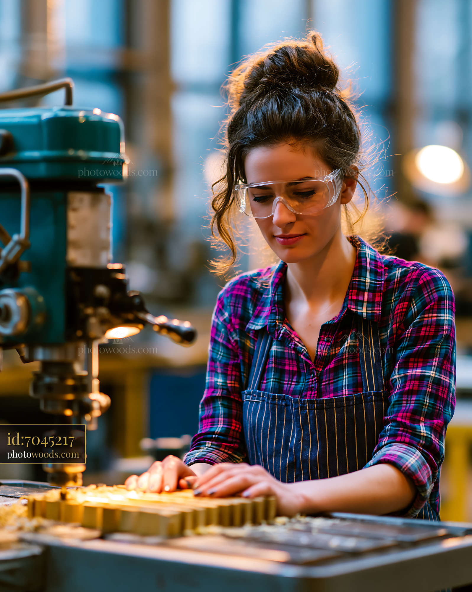 Young Female Electrician Working on a Woodworking Machine