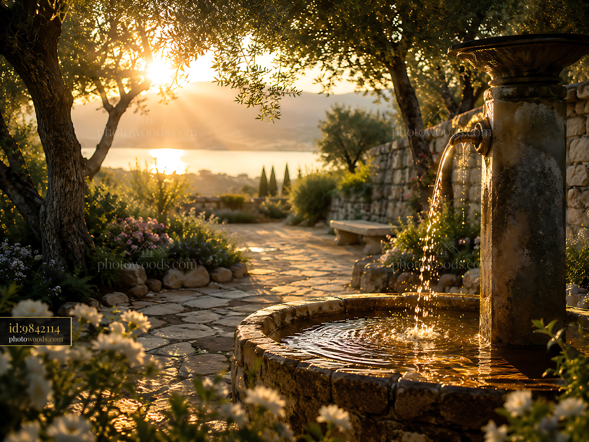 Outdoor Fountain Flows Surrounded by Trees and Flowers at Sunset