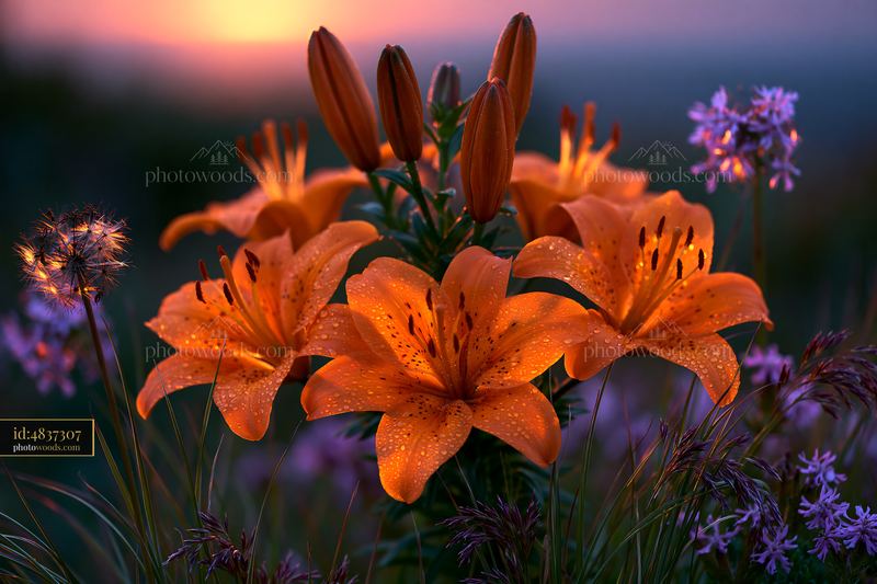 Orange Lilies in a Subalpine Meadow During Sunset in Nature